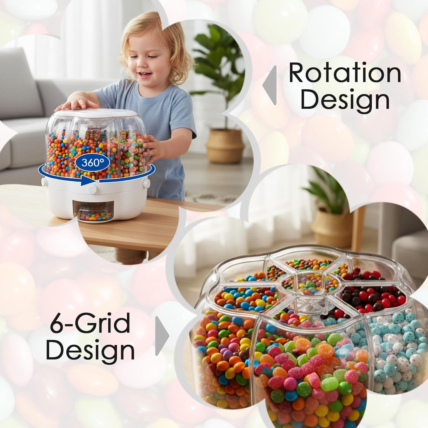 Rotating Candy Dispenser, Candy Dispenser 360° Rotating with 6 Compartments, Candy Dispenser Countertop with Transparent Drawer, Fun Press Type Nut Storage Box for Candies Rice Snacks Grains