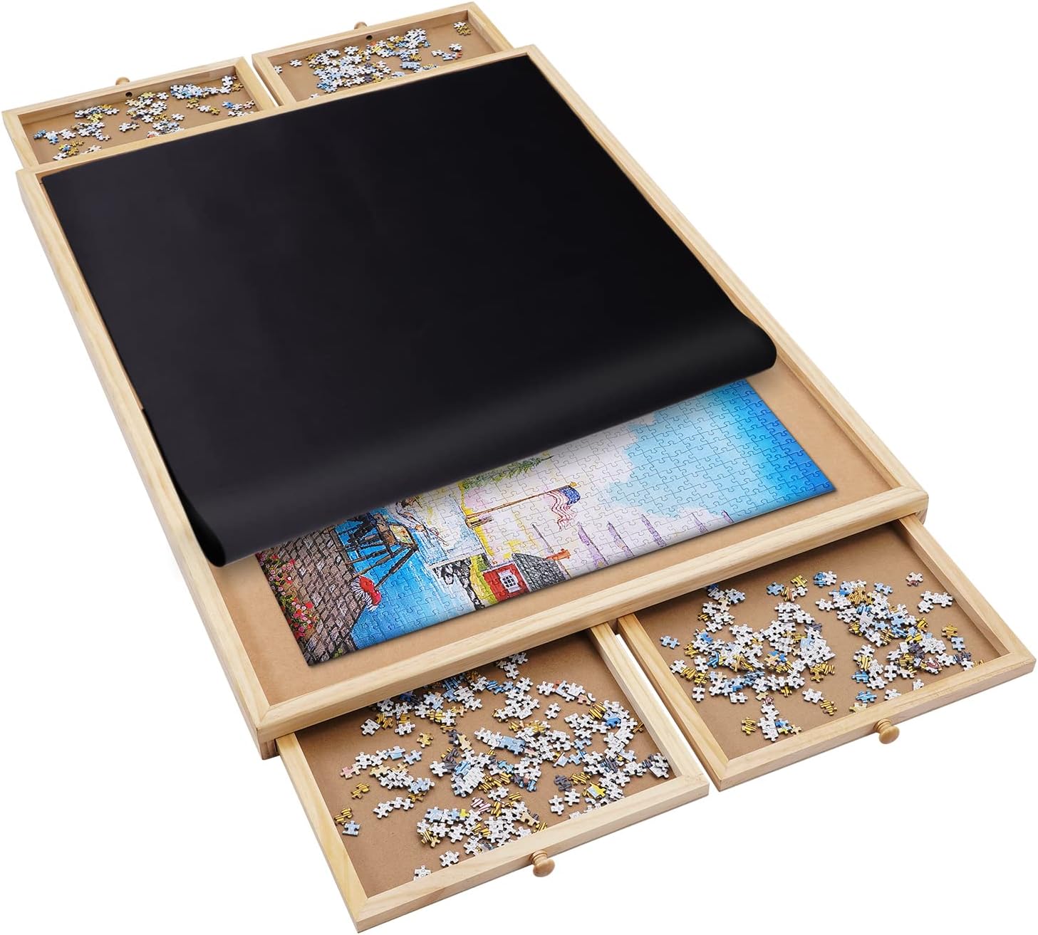 1500 Pieces Wooden Jigsaw Puzzle Board with 4 Drawers for Storing Puzzles, 26” x 35” Large Portable Jigsaw Puzzle Table with Puzzle Cover, Non-Slip Plateau Work Surface for Adults