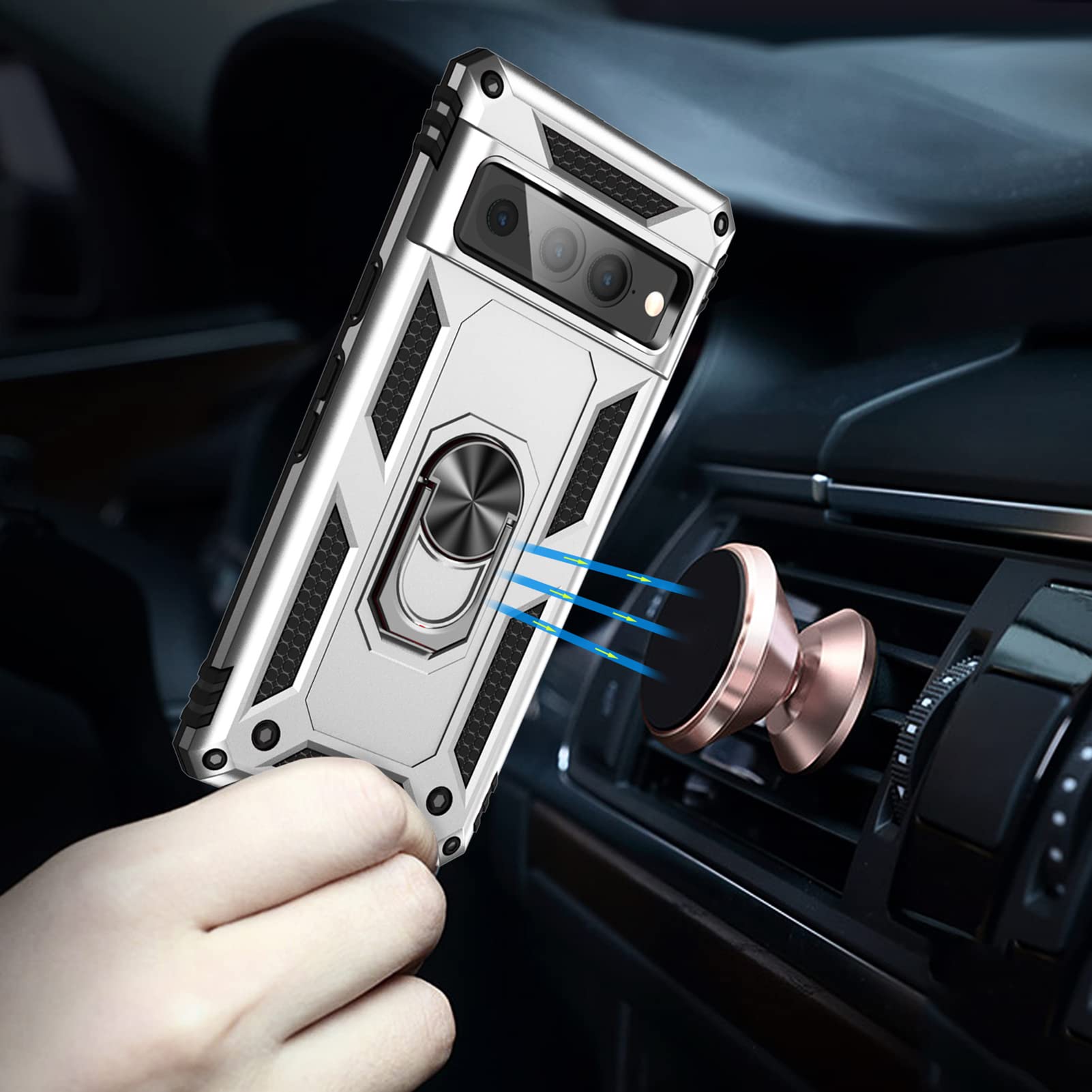 PROPFE Wytrzymałe etui pancerne do Google Pixel 7/7 Pro, stojak na pierścień, odporny na wstrząsy, wojskowa klasa ochronna, twarda osłona na telefon komórkowy, kolor srebrny, 7Pro 6,7''