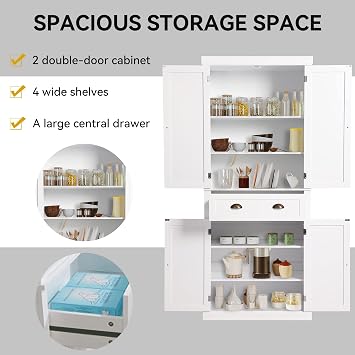 LOUVIXA 72 Kitchen Pantry Storage Cabinet, Freestanding Cupboard with 2 Cabinets, Drawer and Adjustable Shelves, Tall Storage Cabinet for Kitchen, Dinning Room, Living Room (White)