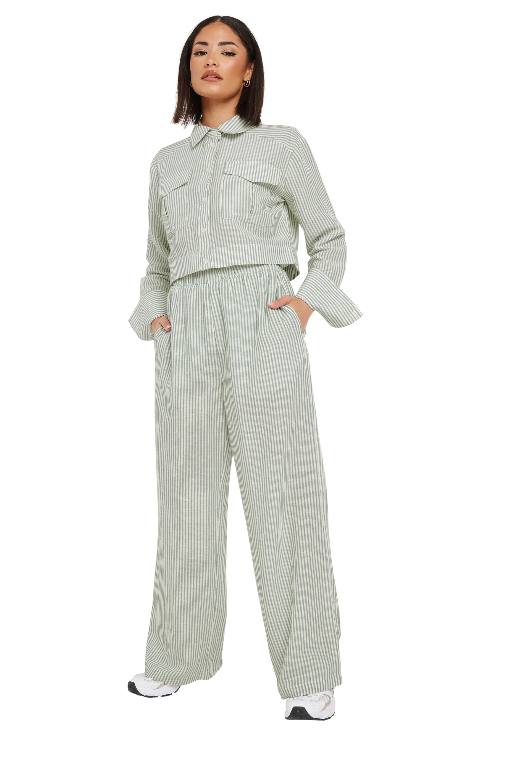 PixieGirl Petite Green Linen Striped Wide Leg Trousers Petite