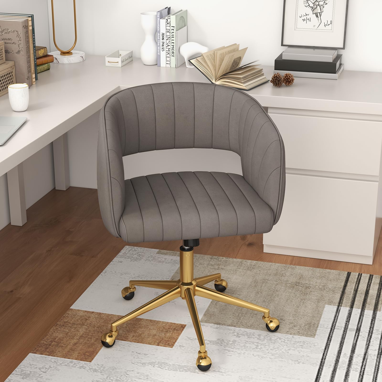 Sedia Da Ufficio In Velluto Con Braccioli Girevole A 360°, Sedia Per Computer Con Altezza Regolabile Grigio