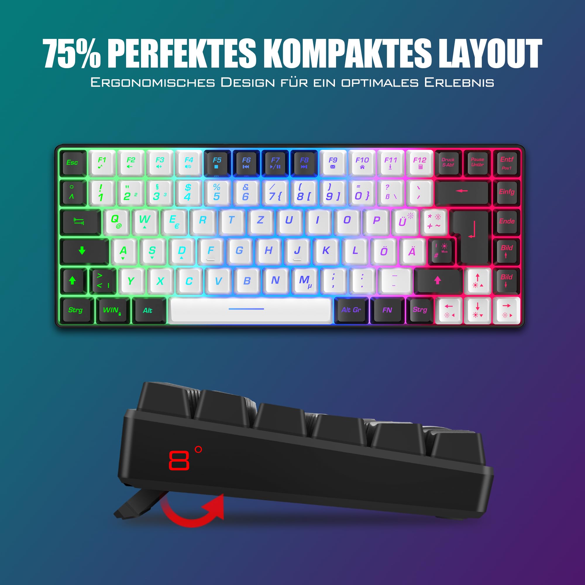RedThunder 75% Wireless Gaming Tastiera e Mouse Set, DE TKL Layout, 85 tasti, Ricaricabile Compatto, Mouse Ultraleggero 7200DPI con Costruzione Honeycomb per PC Mac PS5 Xbox Gamer (Bianco-Nero)