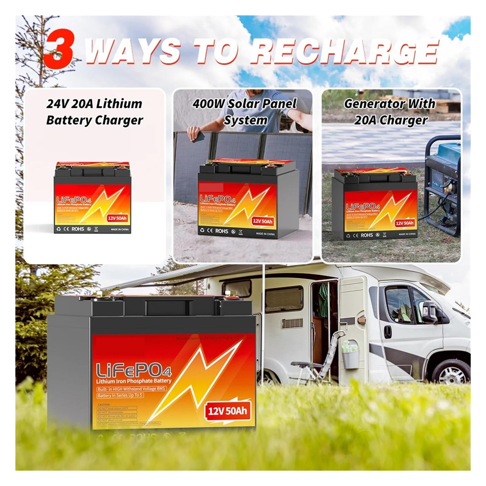Batería de litio LiFePO4 de 12 V y 50 Ah de ciclo profundo con BMS integrado de 50 A for almacenamiento doméstico, motor de arrastre, autocaravana y sistema solar aislado de la red.