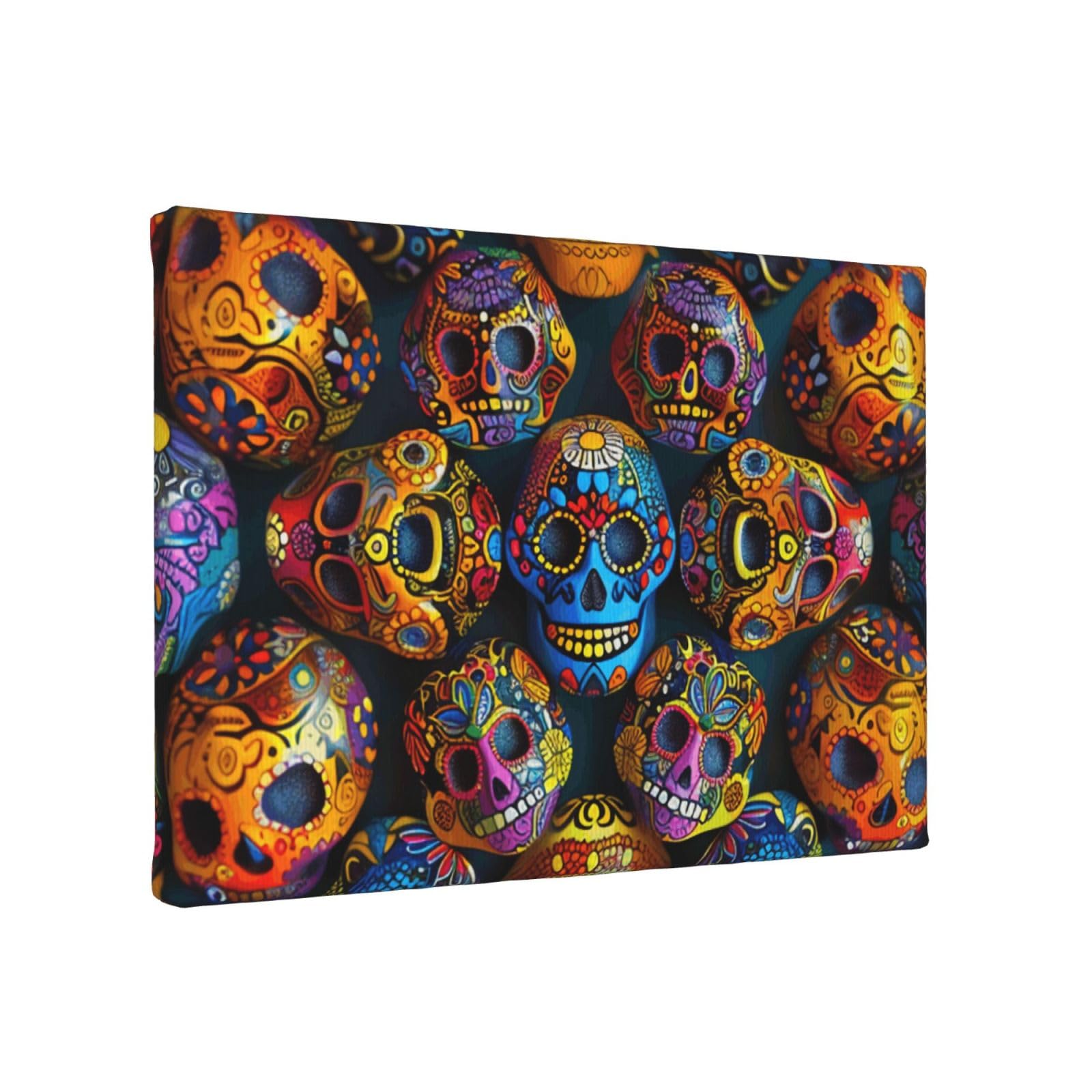 YKLJG Colorful Sugar Skulls Printed Wall Art Canvas Painting 30x20 CM Wooden Framed Picture Painting Artwork Prints for Bedroom Kitchen Home Office Decor