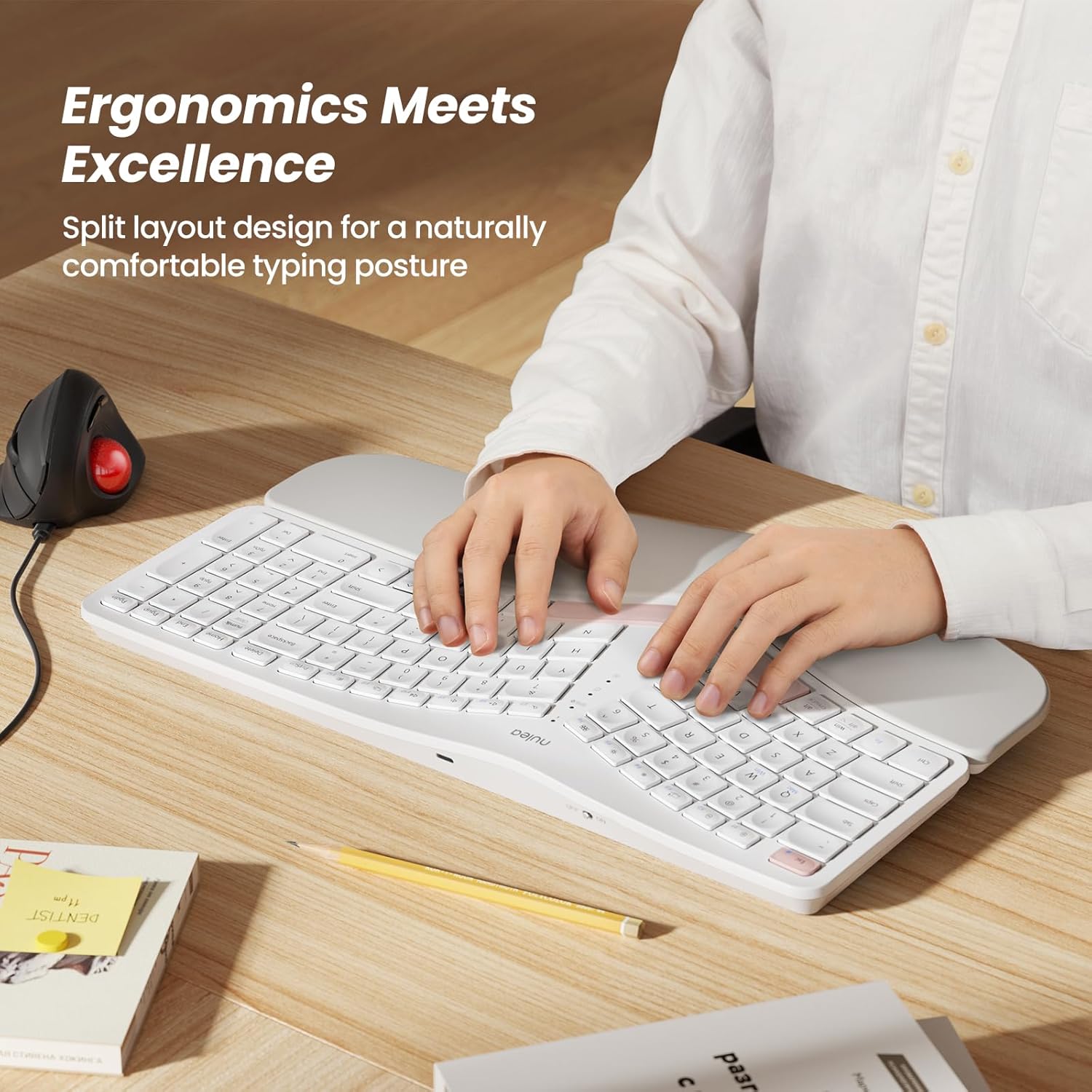 Nulea RT05B Wireless Ergonomic Keyboard, Split Keyboard with Cushioned Wrist Rest, Bluetooth and USB Connectivity, USB-C Rechargeable, Compatible with Windows Mac