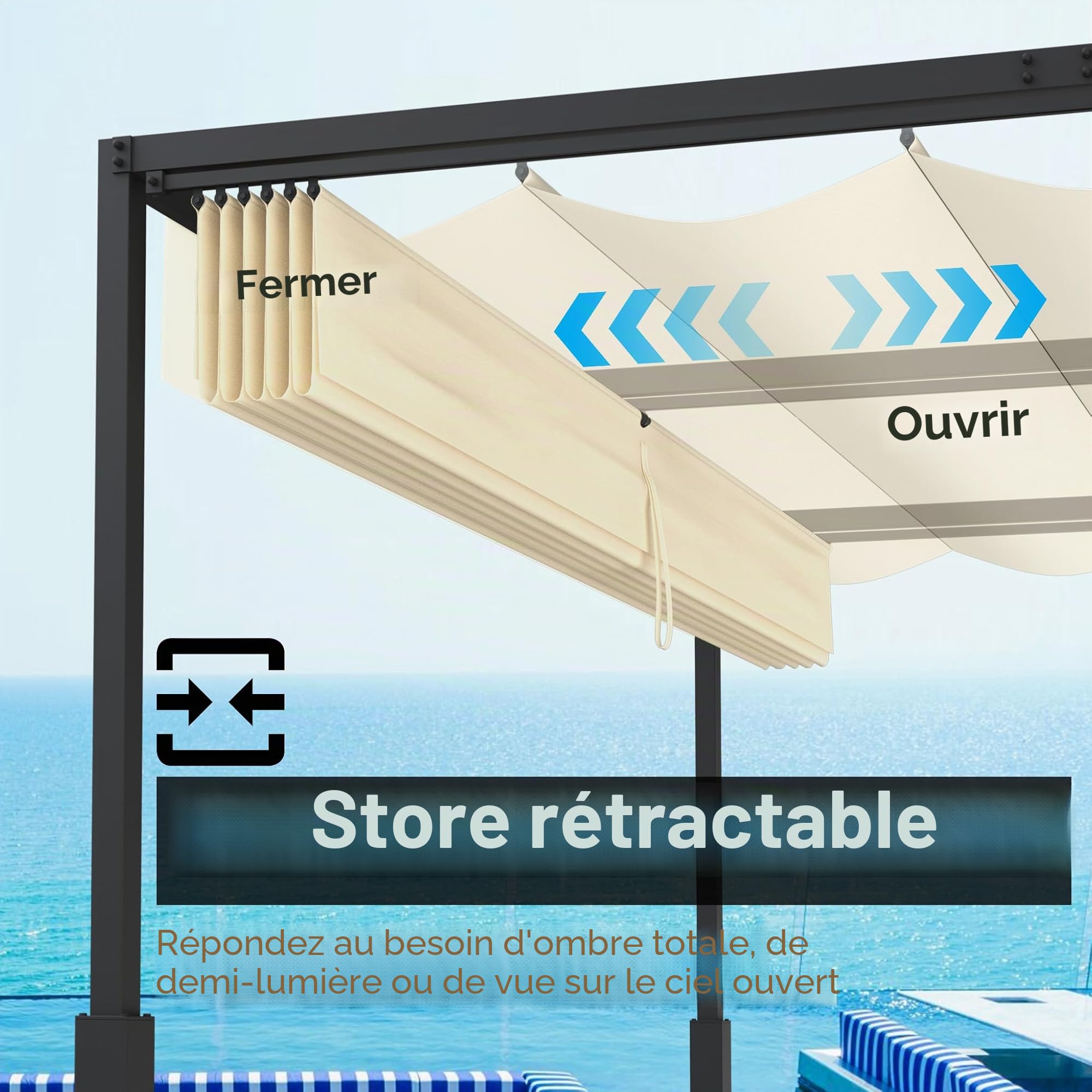 FIVMEN Pergola Tonnelle de jardin 3 x 3 m - Imperméable et stable - Résistant à l'hiver - Avec zones d'ombrage réglables - Protection solaire pour jardin, terrasse et balcon - Beige