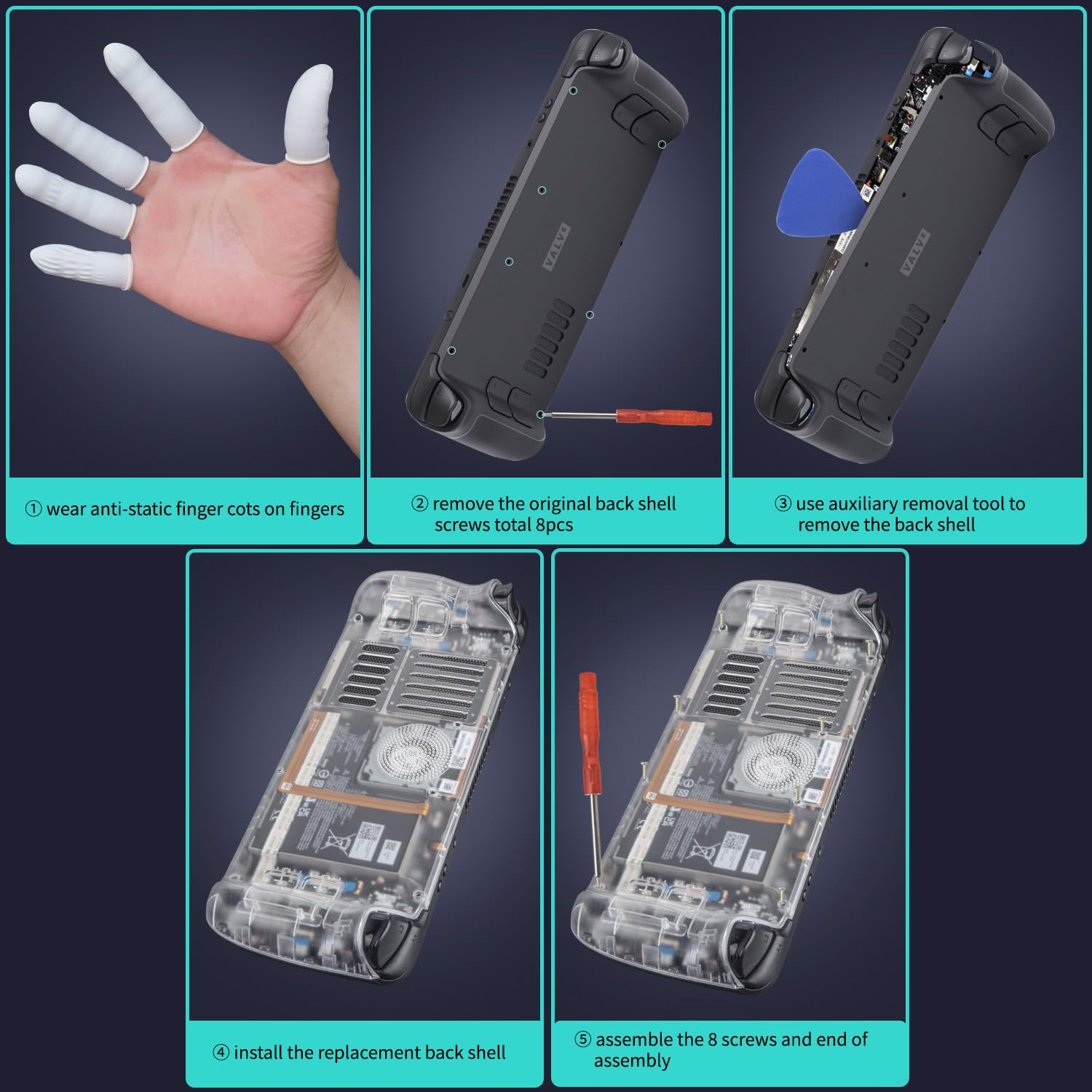 Coque arrière transparente de rechange compatible avec Steam Deck, plaque arrière de pont à vapeur, coque de rechange conçue avec dissipation de la chaleur et trois hauteurs de boutons différentes,