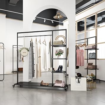 Black Clothing Racks with Shelf, Boutiques Retail Clothing Rack, Heavy Duty Industrial Clothes Racks, Multiple Uses Display for Home and Retail(Black)