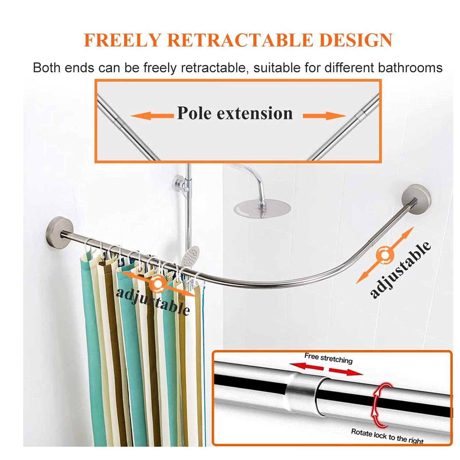 Genérico Barra de Cortina de Ducha Curva Extensible en Forma de L, Resistente al óxido y sin Necesidad de taladrar, Ideal para baño, vestidor y Aseo. Barra de Ducha de Esquina (tamaño: C).