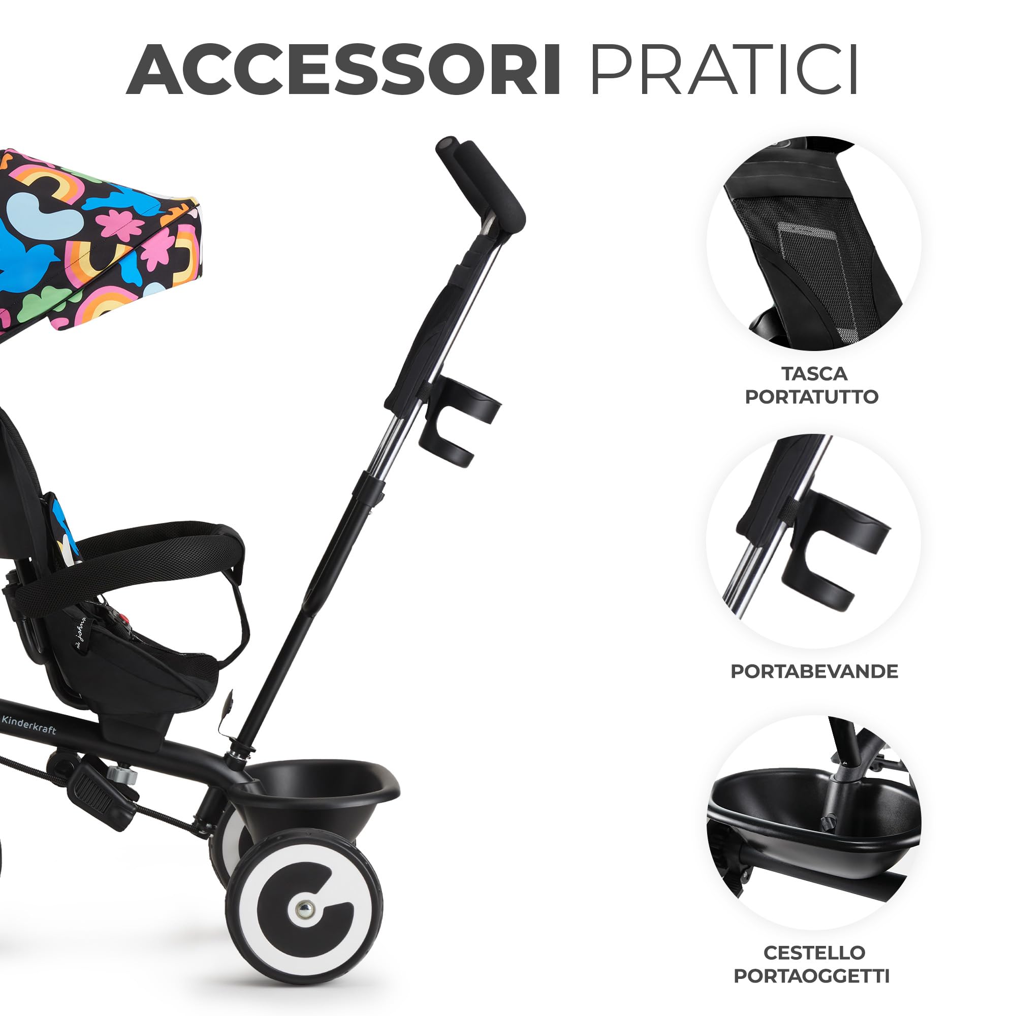 Kinderkraft ASTON Triciclo bambini dai 9 Mesi fino 25 kg, Passeggino con Maniglione regolabile, Bici, Sedile girevole Fronte Mamma e Strada, Cappottina pieghevole, Ruota libera, Happy Shapes