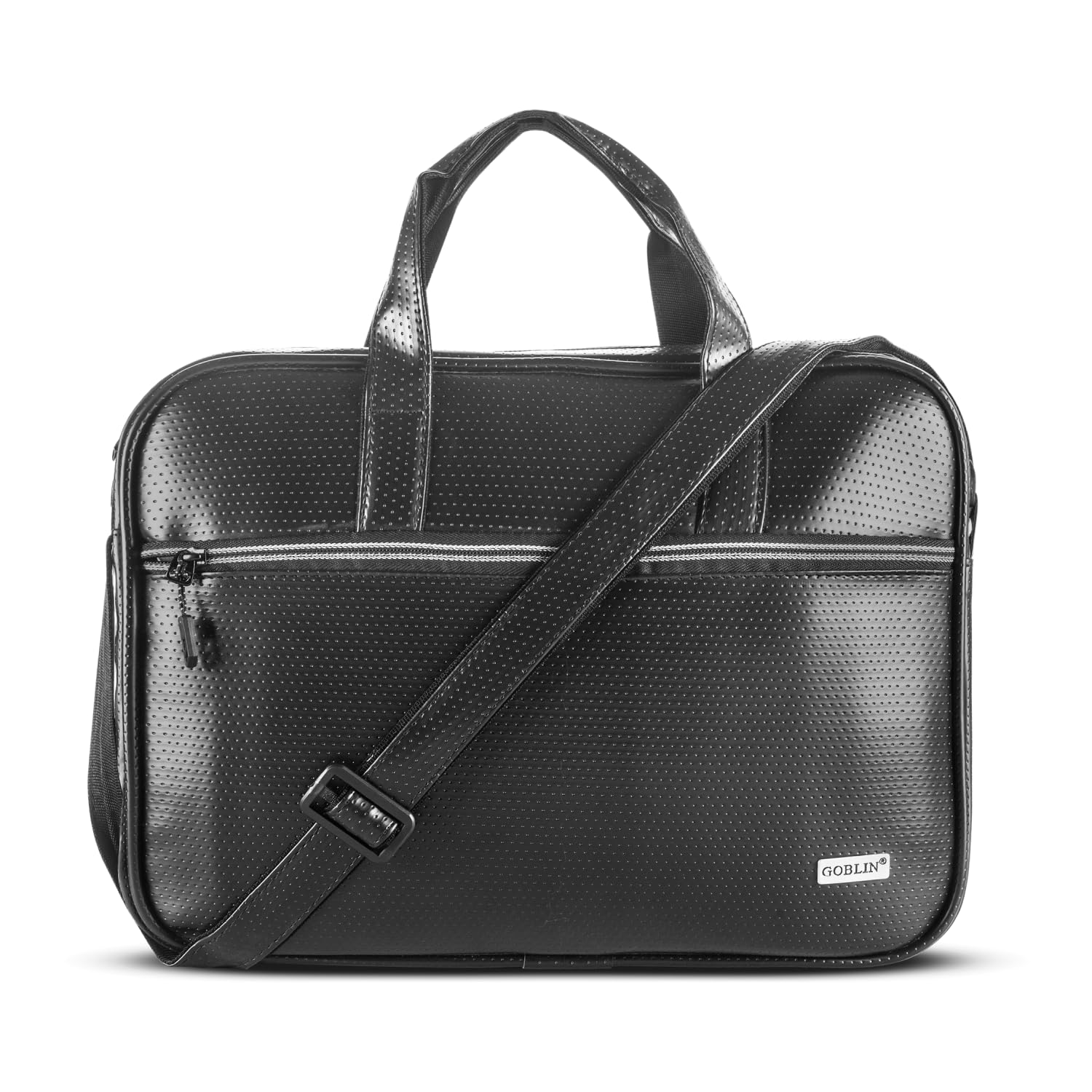 Goblin Trident Vegan Leather Office Bag with Adjustable and Detachable Shoulder Belt, Trolley Strap, Laptop Briefcase, Formal Executive Professional Bag for Men and Women – Black Goblin Trident Vegan Leather Office Bag with Adjustable and Detachable Shoulder Belt, Trolley Strap, Laptop Briefcase, Formal Executive Professional Bag for Men and Women – Black
