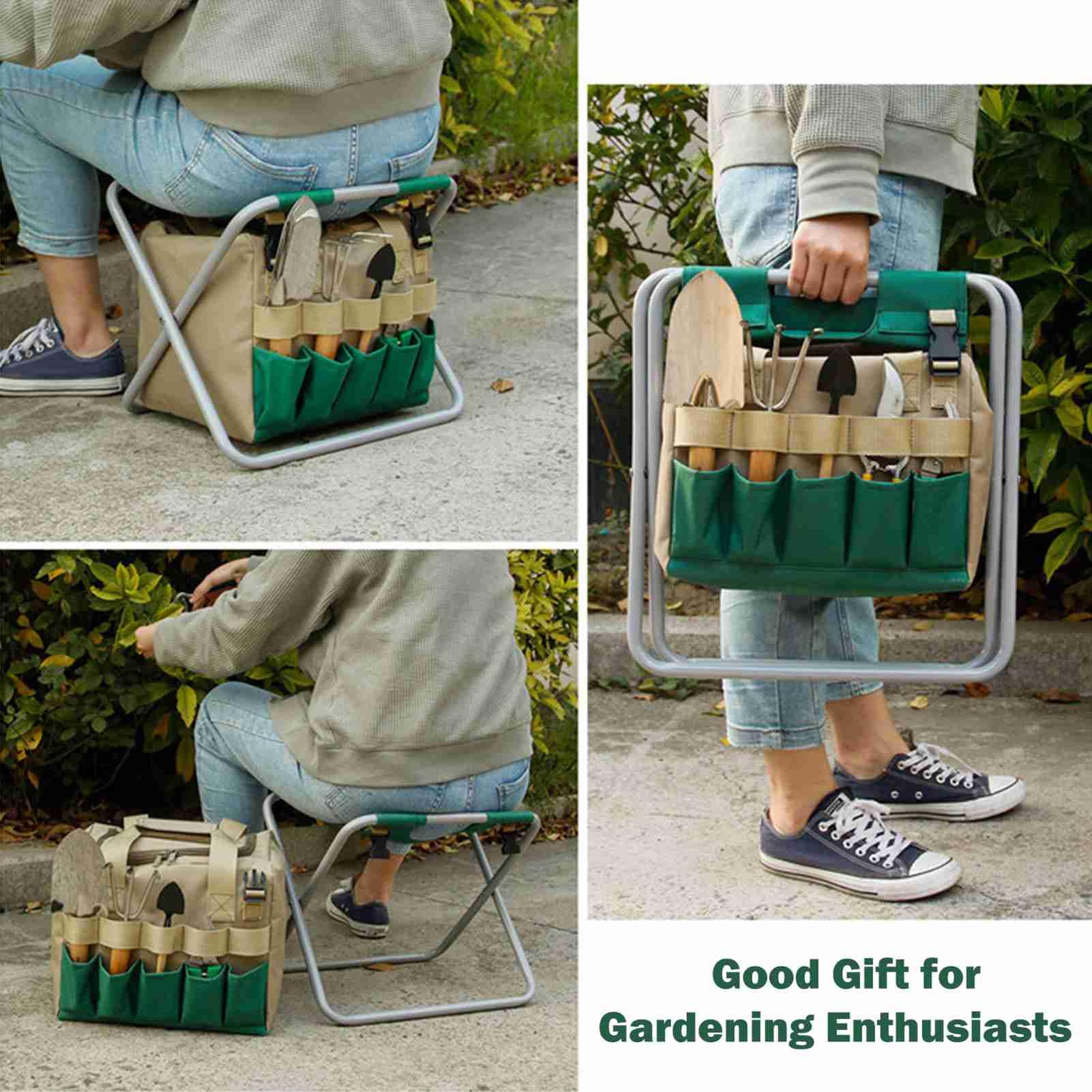 Juego de herramientas de jardín,HUIOP Bolsa de mano para jardinería con taburete plegable, bolsa de almacenamiento de herramientas de mano, Kit de herramientas de jardinería, organizador, bolsa para p