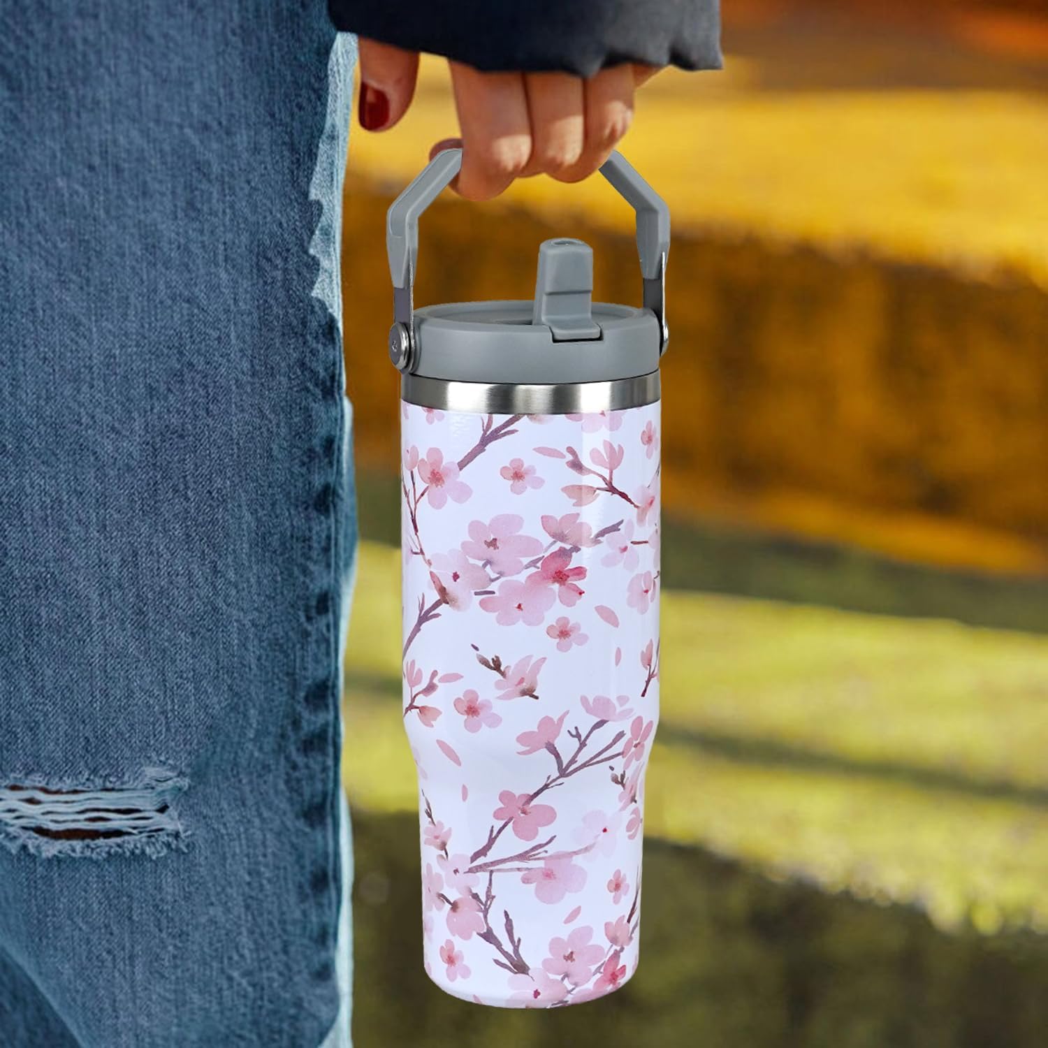 30oz Cherry Blossom Tumbler with Handle Cherry Blossom Cup Insulated Tumblers with Flip Straw and Top Handle Stainless Steel 30oz Coffee Mug - Image 3