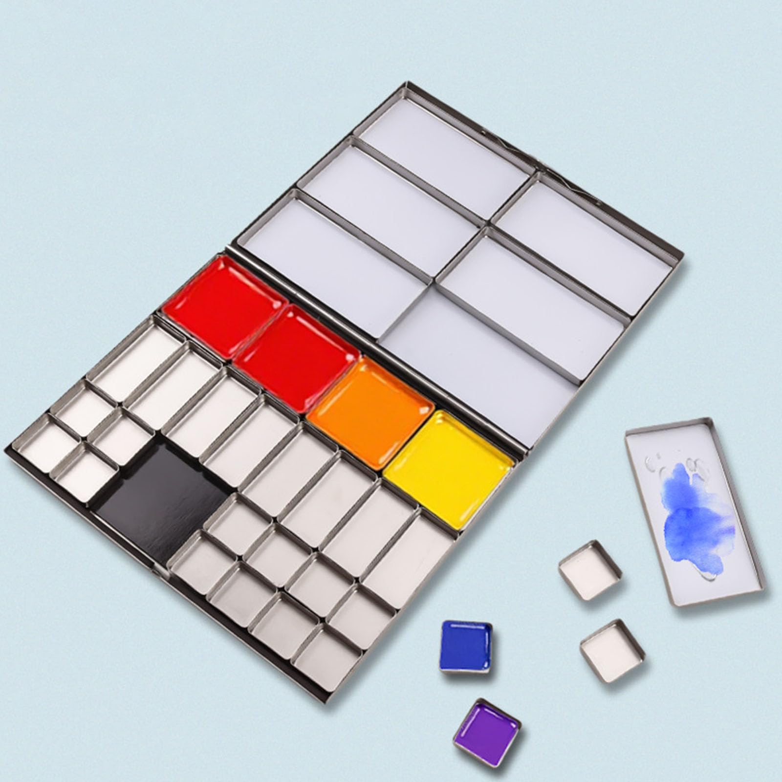 Paleta de pintura vacía de 2 tamaños para arte, viajes, acuarela, bandeja de pintura de metal, caja de pintura con bandeja de paleta de metal