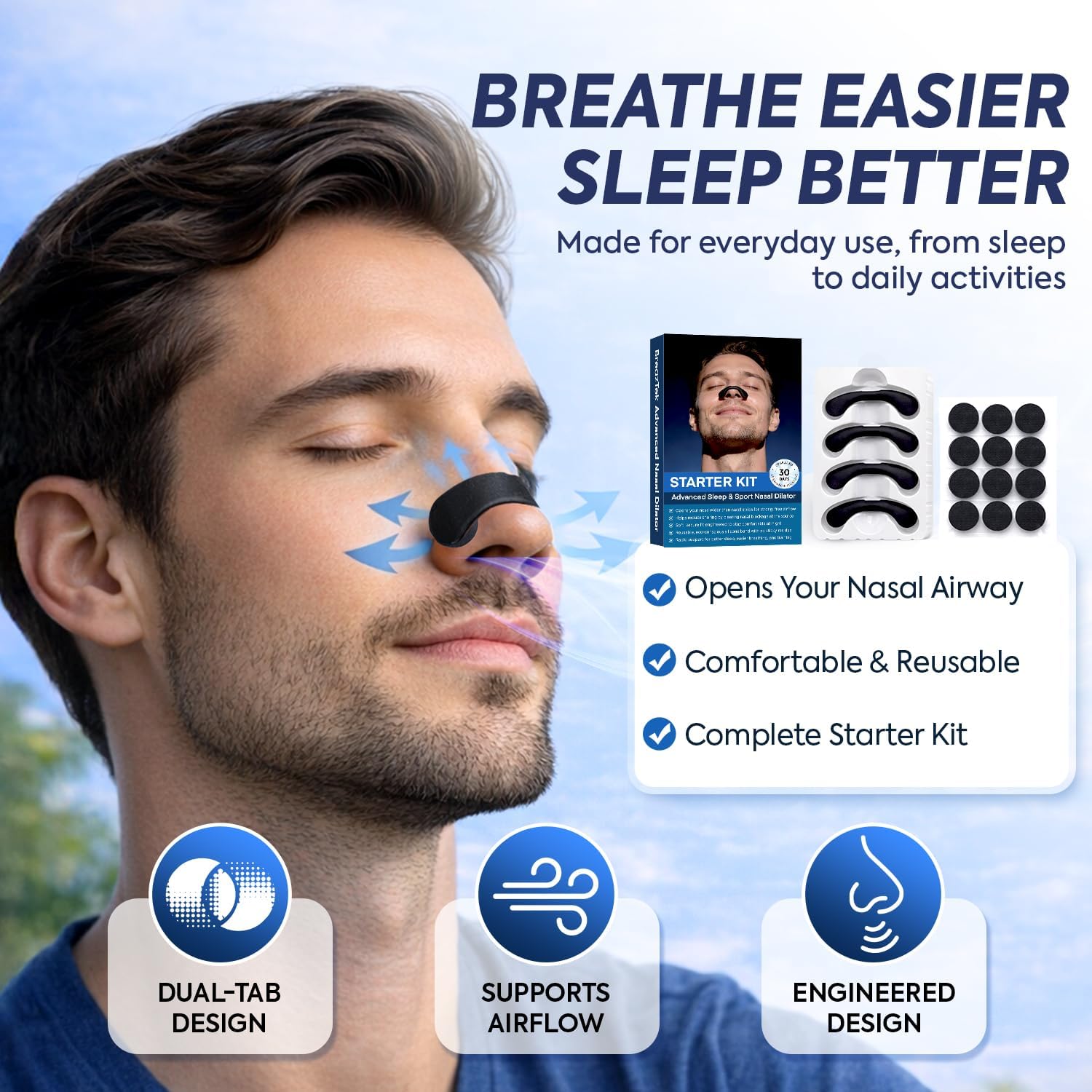 Nasal Strips for Snoring, Nose Strips for Breathing, Extra Strength Nasal Strips to Improve Breathing & Sleep Quality, Comfortable Sleep Strips for Men & Women, 30 Count (Black, Large)
