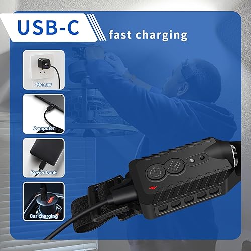 Miniatura 6 de Linterna frontal LED recargable, 400 lúmenes, haz ancho de 230, USB-C, IPX4, 5 modos, ligero, diadema ajustable clips para casco duro para camping,