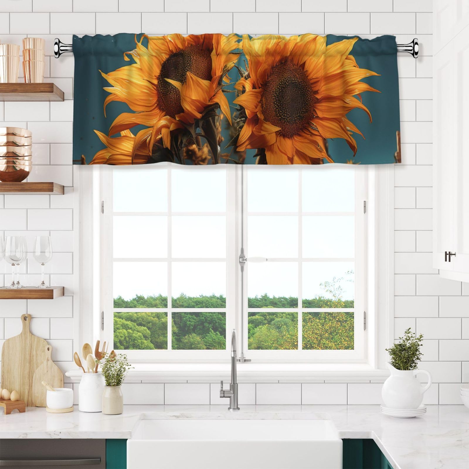 NONHAI Fantasy Sunflower Valances for Windows Short Curtains Rod Pocket Cafe Window Treatments Valance Curtains for Kitchen Bathroom Laundry Basement Windows 54x18inch Blackout Window Valance