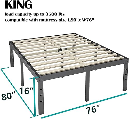 Miniatura 3 de Auroral Zone Marco de cama King de 16 pulgadas de alto, no necesita somier, base de cama King resistente con listones de madera de 3 pulgadas de
