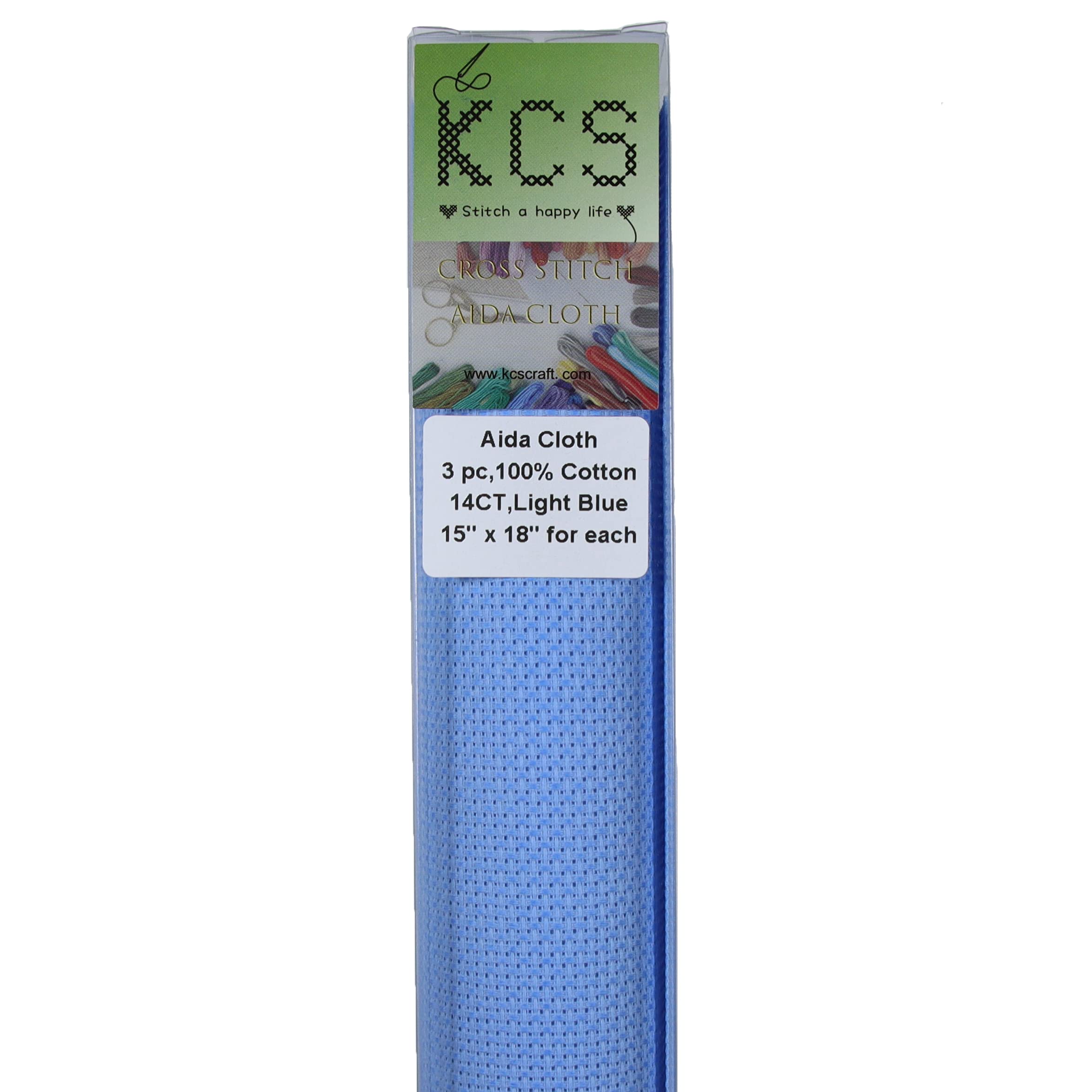 KCS 3 pc of 15" x 18" Counted Cross Stitch Cotton Aida Cloth Needlework Rolled Fabric Box,14CT,Light Blue