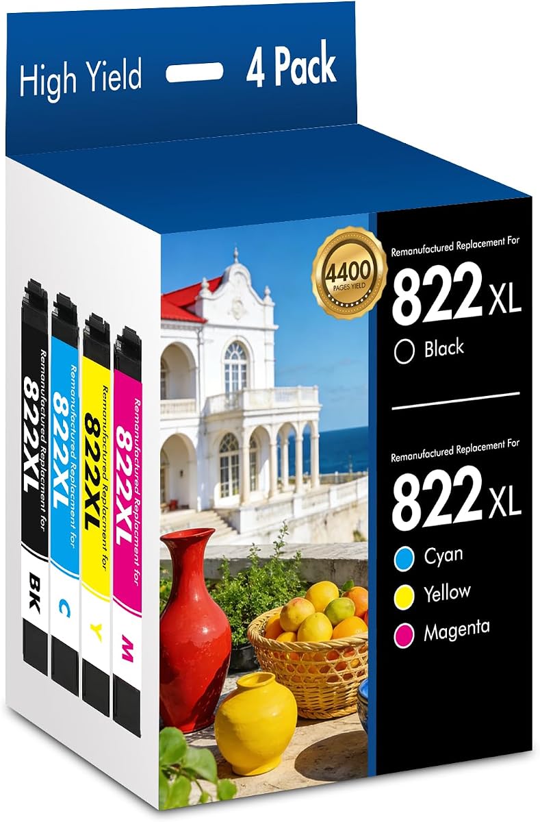 Remanufactured Replacement for 822XL Ink Cartridges for 822 XL Printer Ink | Compatible for T822 Work for Epson Workforce Pro WF-4830 WF-4833 WF-4820 WF-4834 WF-3823 Printer(4 Pack)