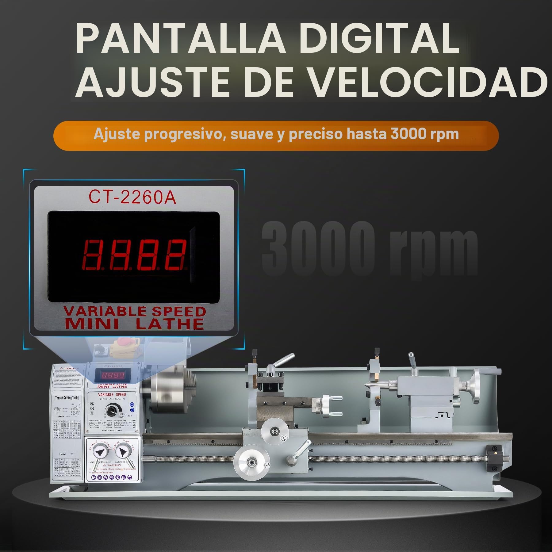 CREWORKS 1100W Mini Torno de Metal de Bancada 220x600mm 9"x24" de Alta Precisión con Portabrocas de 3 Mordazas y Velocidad de Husillo Máx. 3000 RPM Pantalla LCD para Roscado, Torneado, Taladrado