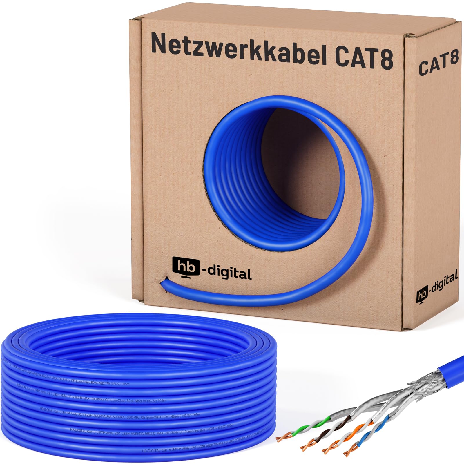 HB-DIGITAL 25m Cat 8.1 cable de red cable de instalación cable de datos Ethernet LAN cable Cat.8 hasta 40 Gbit/s cobre S/FTP 2000 MHz PIMF LSZH Cat8 libre de halógenos RoHS compliant AWG 22/1 azul