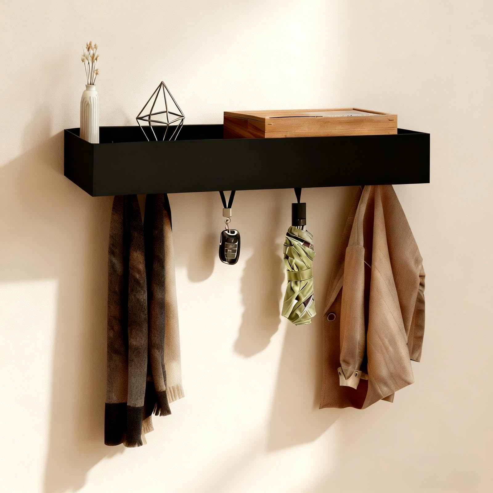 LINTRA Noir Porte Manteau Mural, Porte-Manteau Mural Caché avec 5 Crochets, Patere Portemanteaux, Étagère Murale, pour Chambre, Couloir, Salon