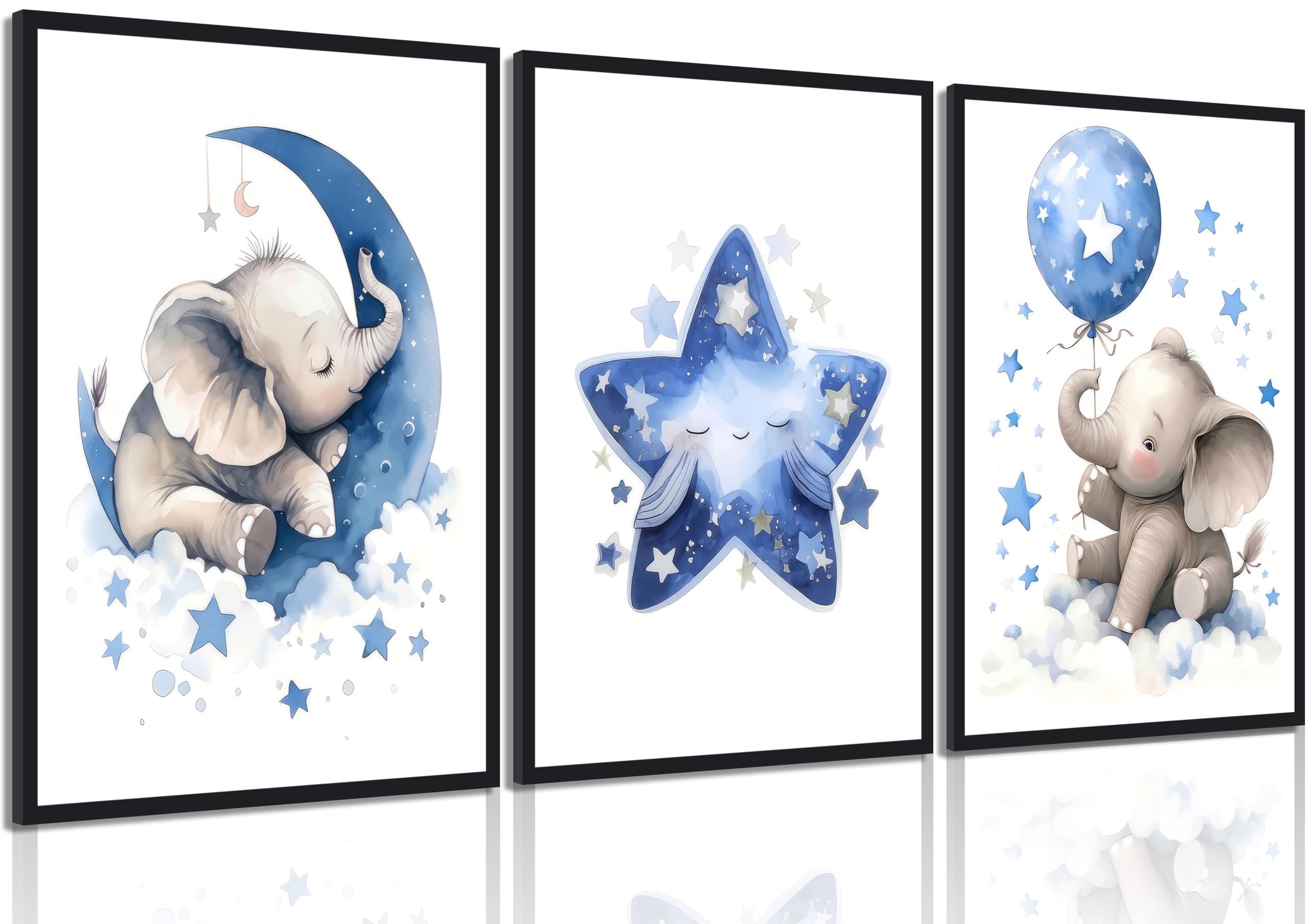3Pcs Blue Nursery Elephant Canvas Wall Art Baby Boy Wall Decor Cute Animal Painting Pictures Moon And Stars Balloon Poster Prints for Nursery