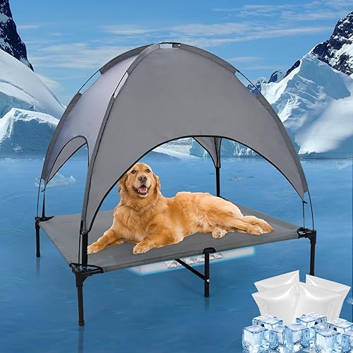 Miniatura 1 de Cama elevada para perros de 42 pulgadas con toldo, cama elevada para perros con seis pies de apoyo, camas transpirables y refrescantes para perros