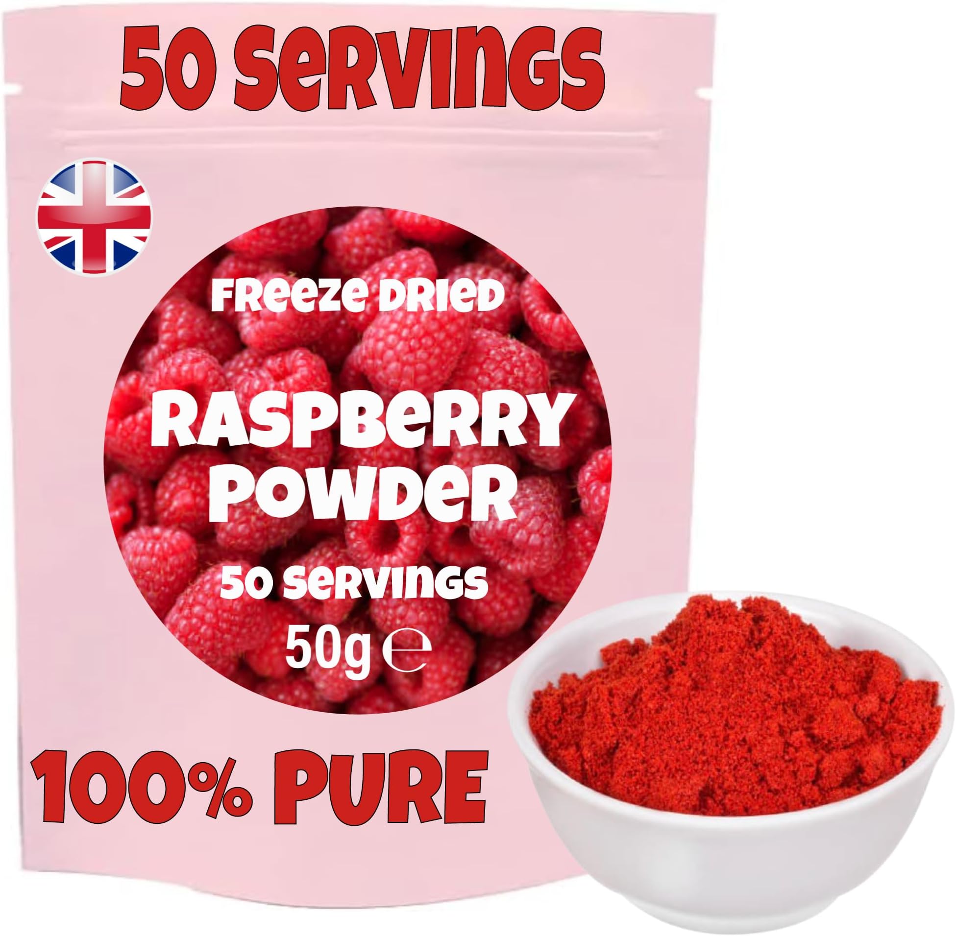 Raspberry Powder | Freeze Dried | 100% Pure | Freeze Dried Raspberry Powder | No Added Sugar | No Preservatives | Ideal Baking | Shakes | Smoothies | Icing | Frosting | 50 Servings | Raspberries