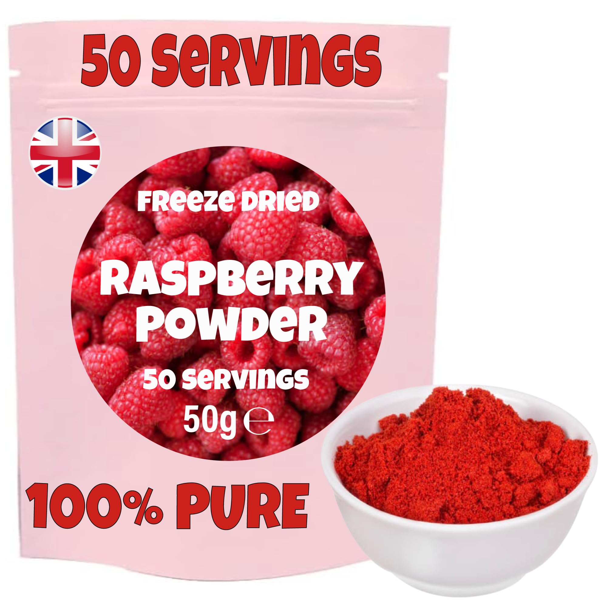 Raspberry Powder - Freeze Dried, 100% Pure, Natural Freeze Dried Raspberries - No Added Sugar - No Preservatives - Ideal for Baking, Shakes, Smoothies, Icing, Frosting. 50 Servings. Halal.