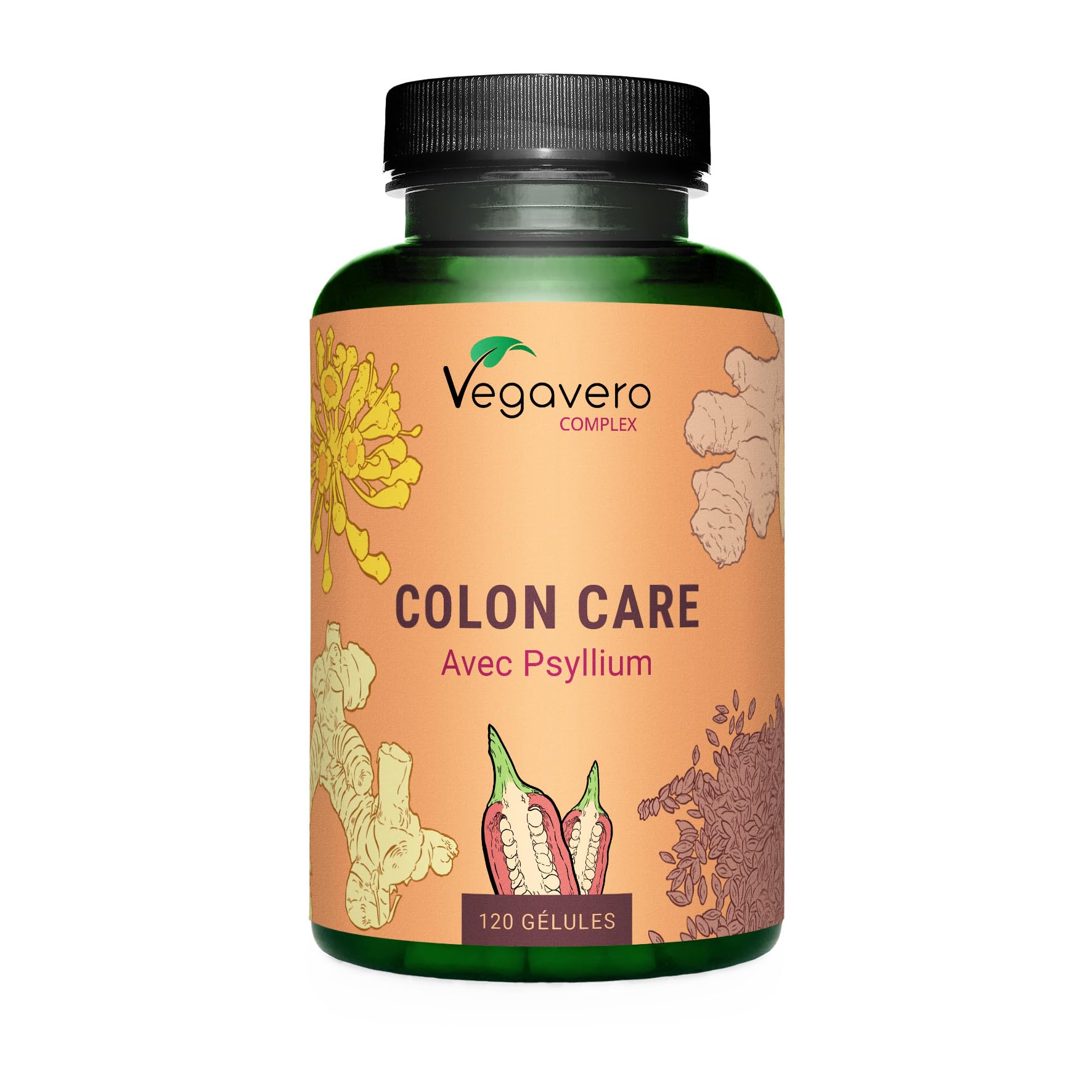 Colon Irritable Vegavero® | 100% Naturel | 120 Gélules | Nettoyage Intestinal | Avec Gingembre, Psyllium, Galanga, Fenouil, Cayenne et Lactobacillus Acidophilus | VEGAN