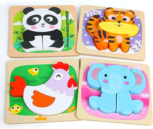 Paquete de 4 rompecabezas para niños de 1 a 3 años, rompecabezas Montessori de madera para niños y niñas, juguetes educativos de aprendizaje