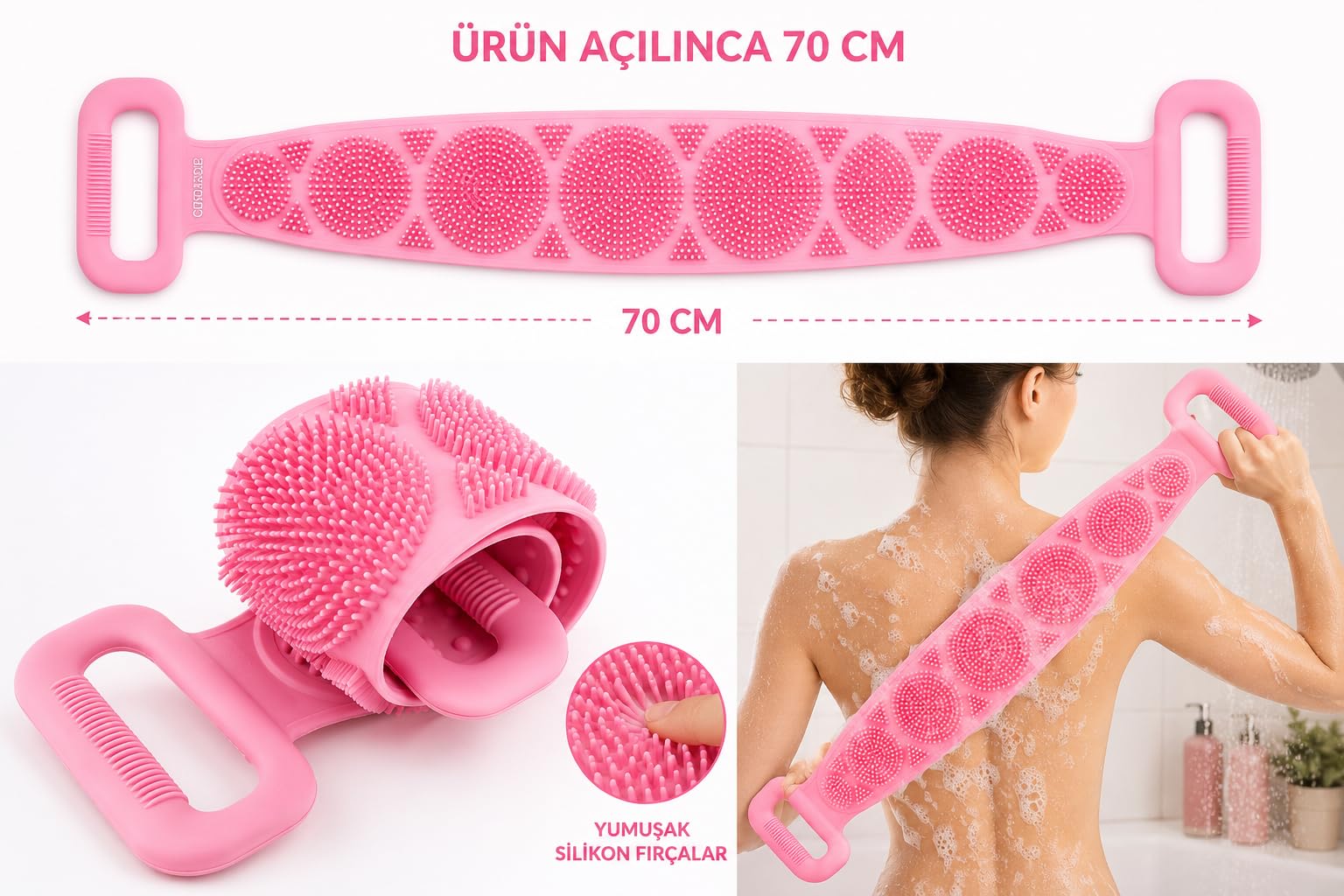 Kyrotech 70 cm Uzun Silikon Banyo ve Sırt Kesesi, Çift Taraflı Masaj Etkili Duş Lifi, Ölü Deri Temizleyici ve Kan Dolaşımı Artırıcı Pembe Sırt Temizleyici, Ergonomik Tutma Kollu Hijyenik Vücut Fırçası