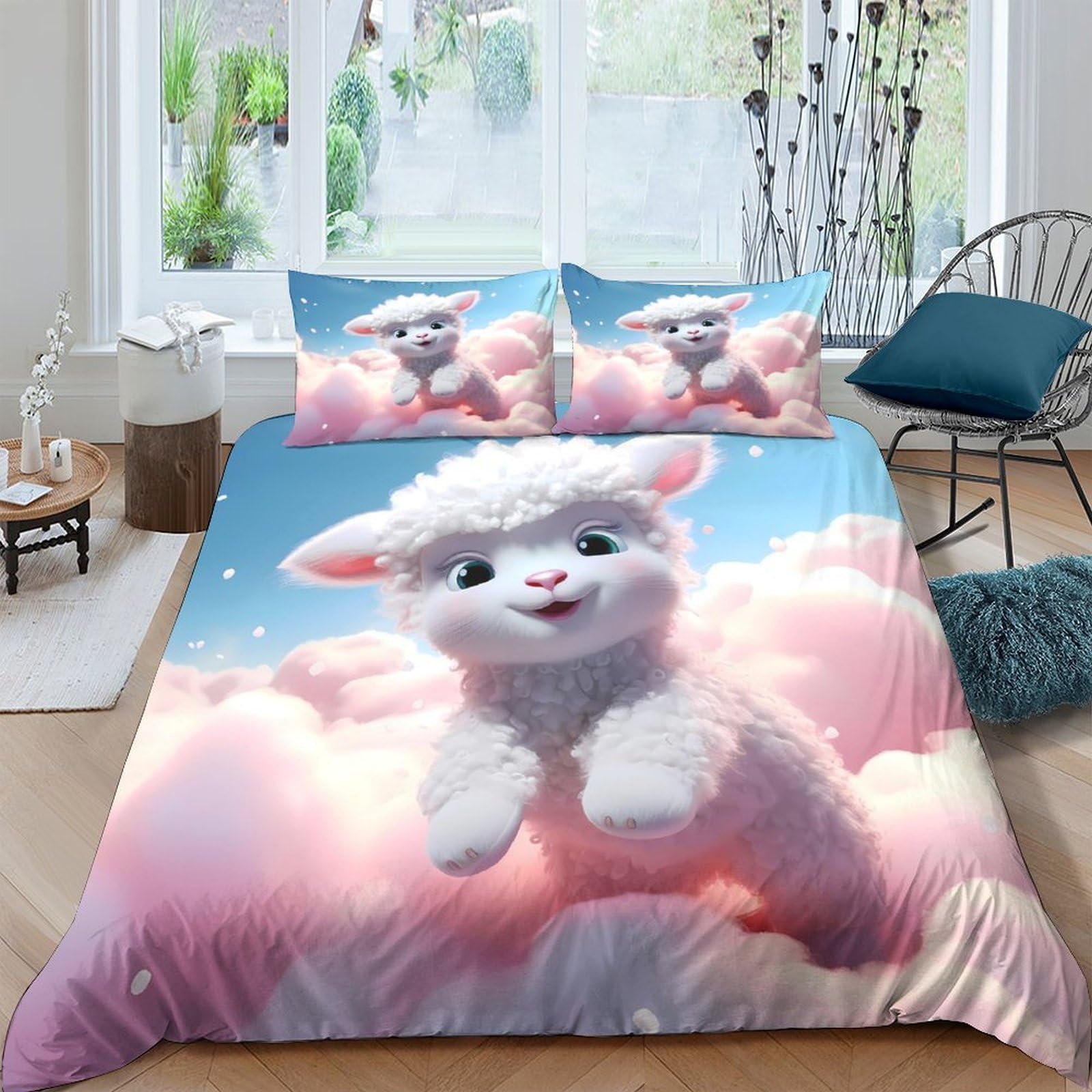 Ctjqhvkz Style-3 3D Printed Cute Lamb Fitted Sheet Microfiber Soft Pink Cloud Mattress Cover For Bedroom Guest Room Dorm Decor Single（135X200cm）