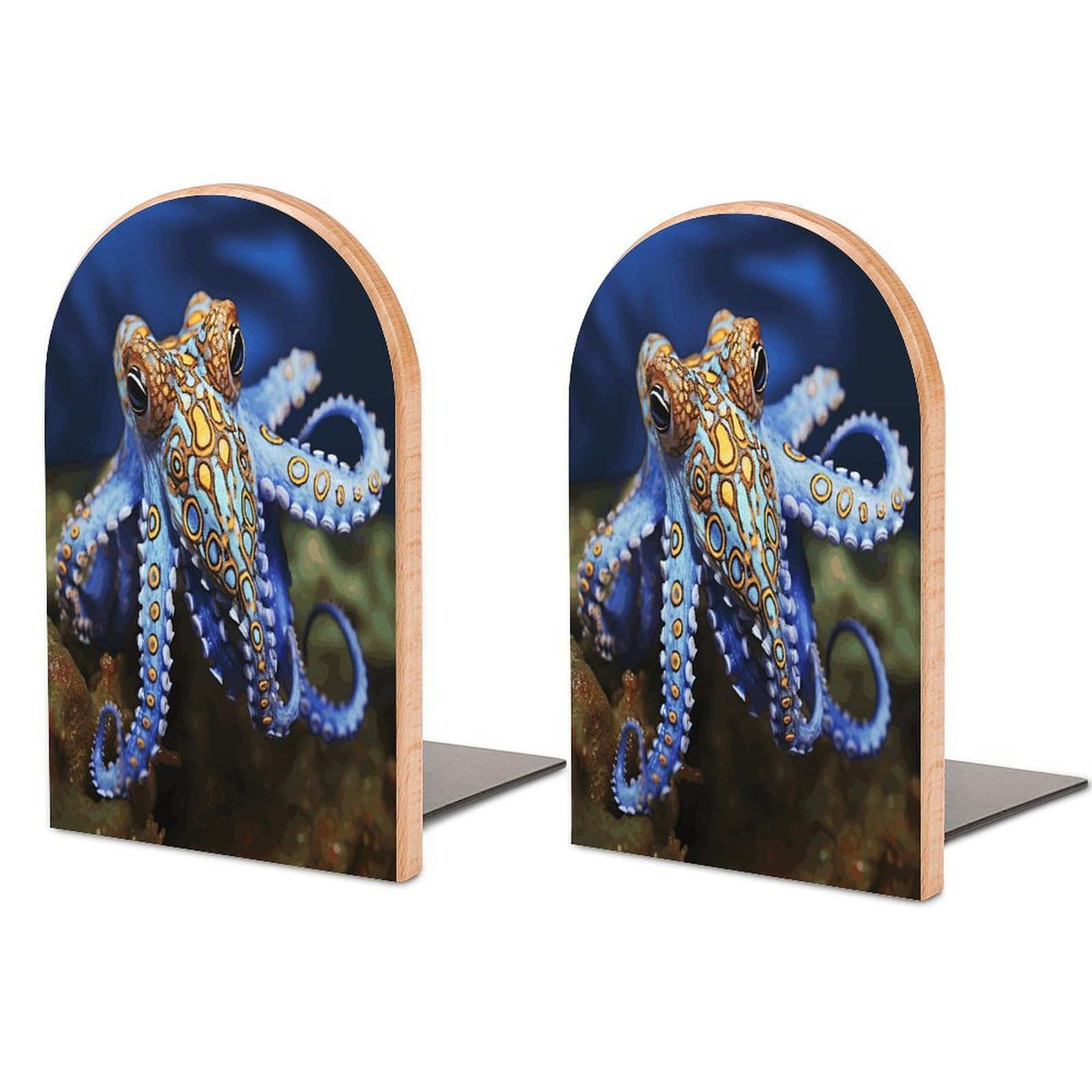 Blue Ringed Octopus Bookends for Shelves Non Skid Book Stoppers Universal Economy Bookend Heavy Duty Wood Book End Decorative Book Shelf Holder for Home Office Desk 1 Pair