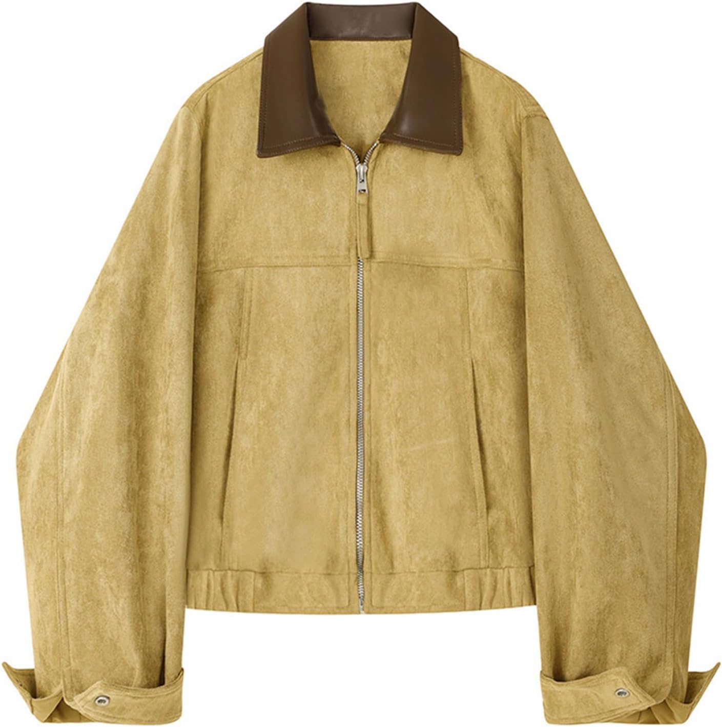 Zoziiee Women's Faux Suede Cropped Jacket Contrast Collar Zip Up Utility Barn Coat Trendy Fall Outwear