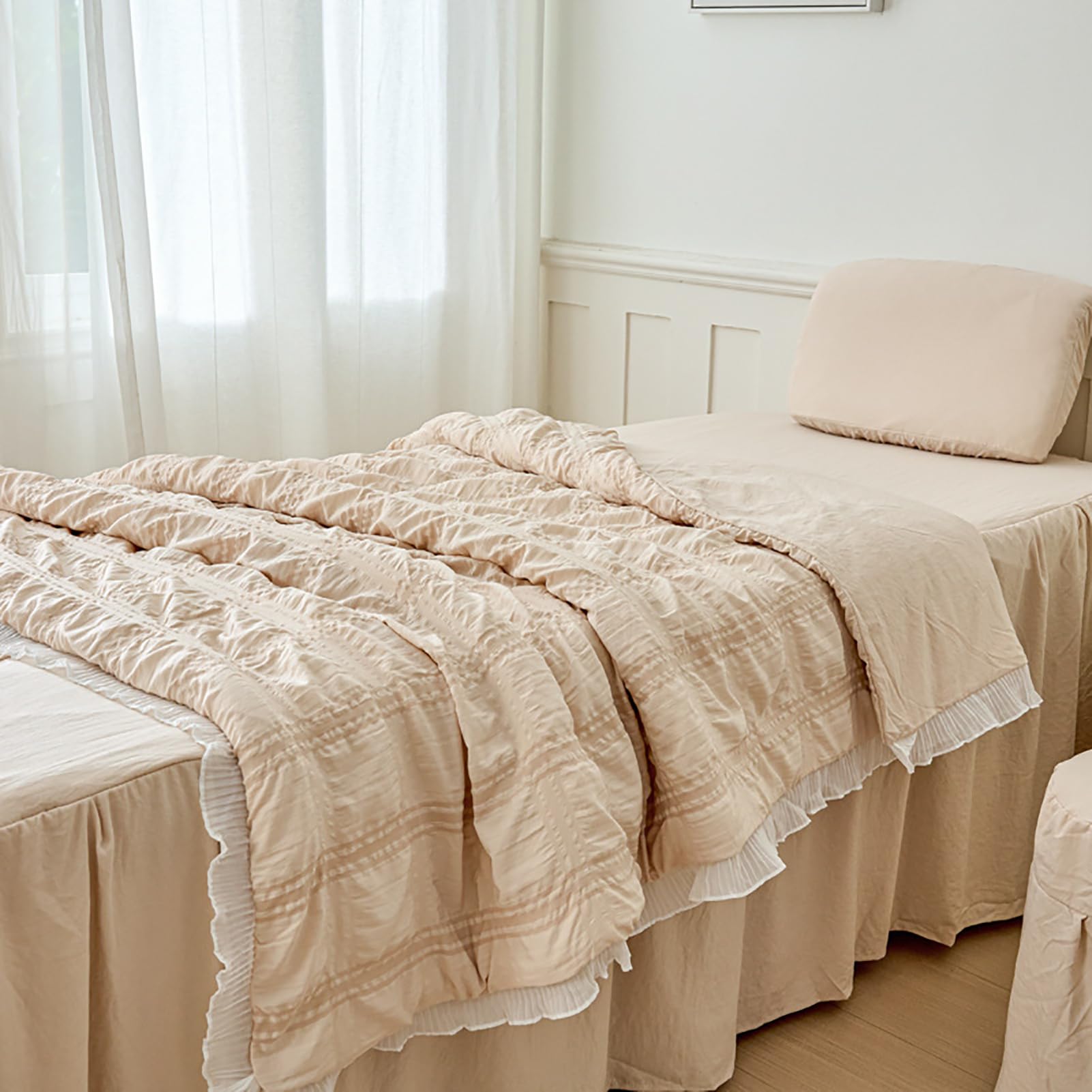 4-częściowy zestaw pościeli do stołu do masażu spa, narzuta na łóżko z poszewką na poduszkę i pokrowcem na stołek,Khaki,60x180cm(24x71inch)