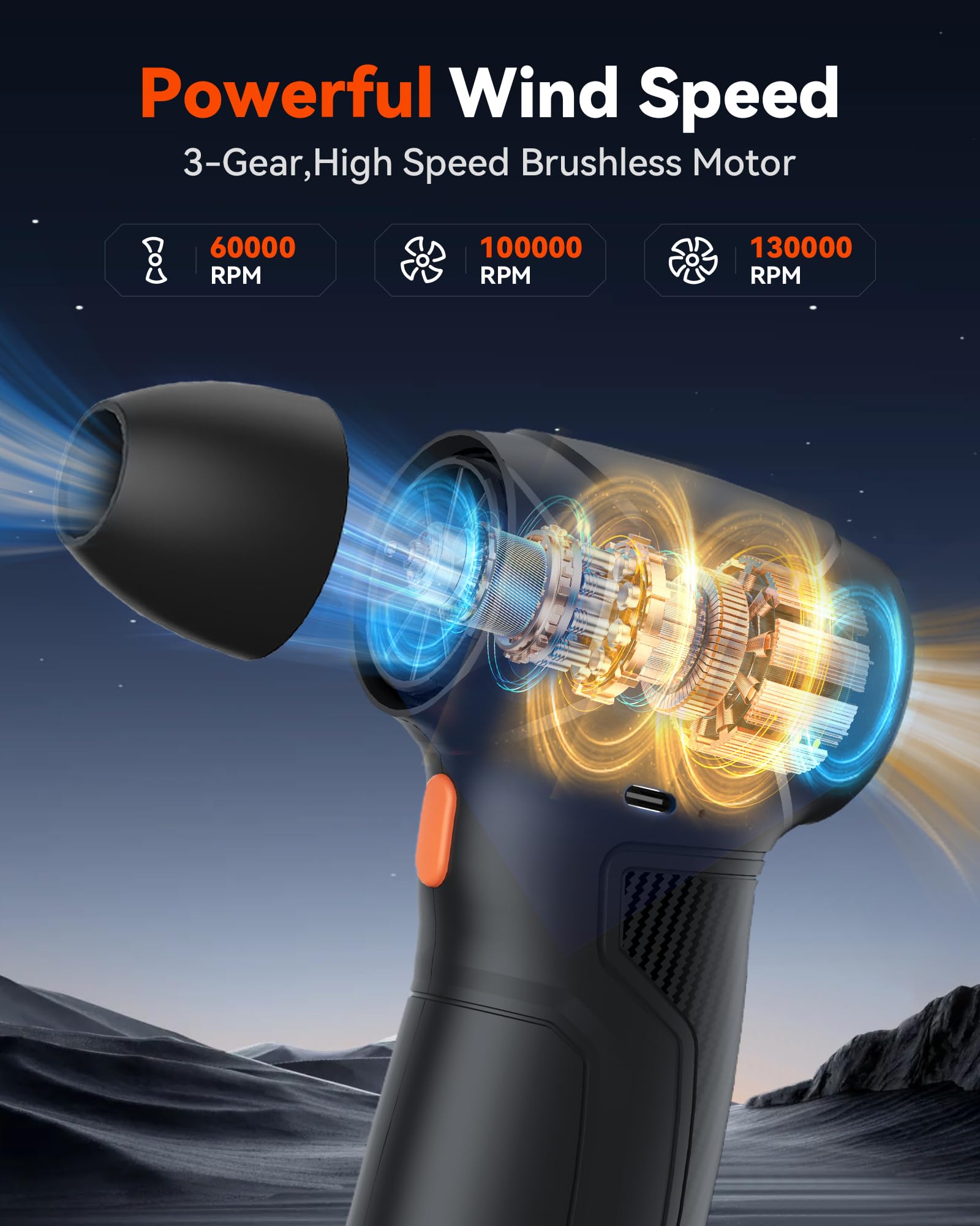 WERTYI Electric Air Duster-3 Gear Adjustable 130000RPM Compressed Air Duster for Computer Keyboard, 8000mAh Rechargeable Cordless Air Duster for Outdoors, Car, Home Cleaning (Black)