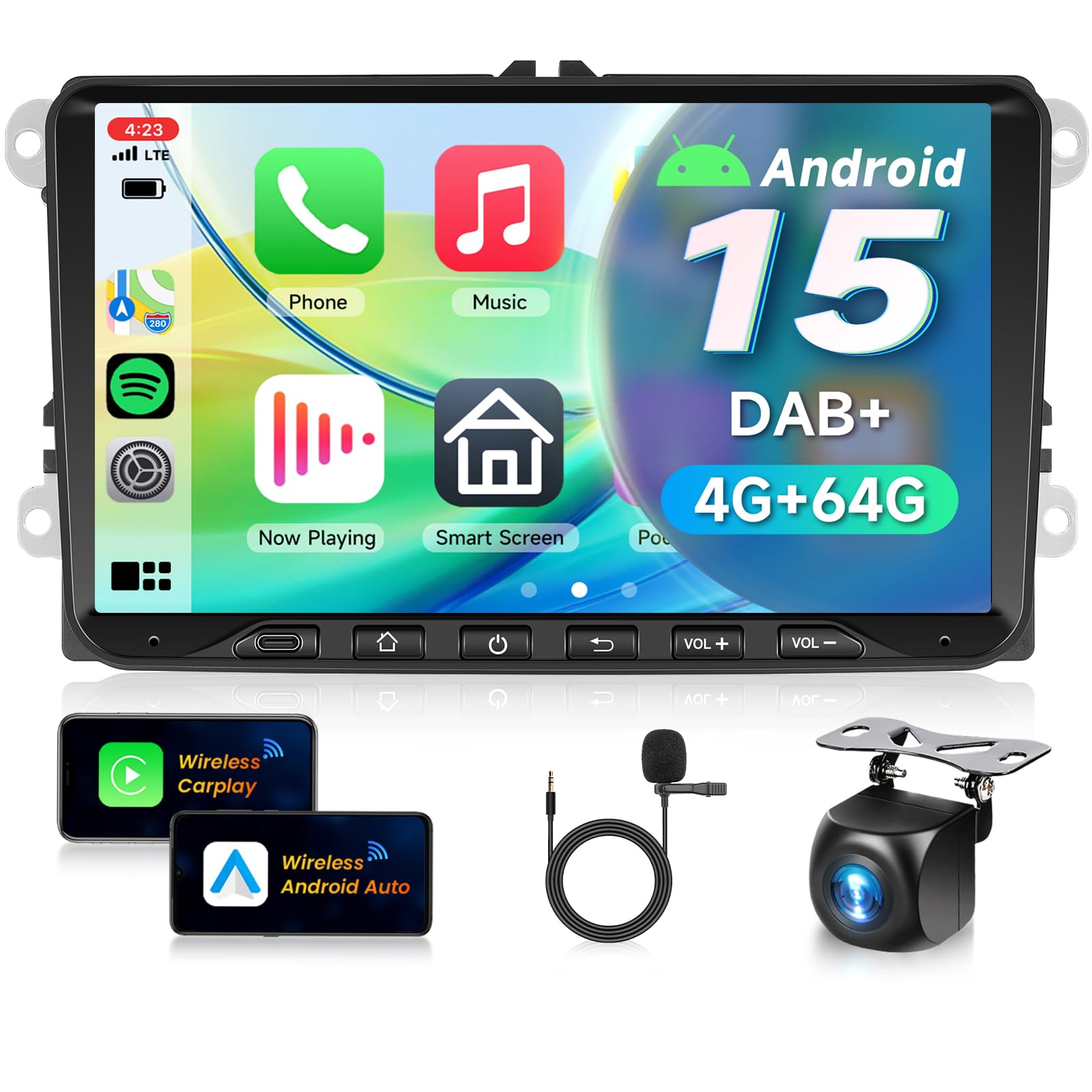 VECHTEL 4G+64G DAB+ Autoradio Android 15 per VW Golf 5 6 Passat Jetta Caddy EOS T5 Tiguan Touran CC Polo, 9" Schermo co Carplay Android Auto senza Fili GPS WiFi USB Tipo-C Bluetooth FM RDS Retrocamera