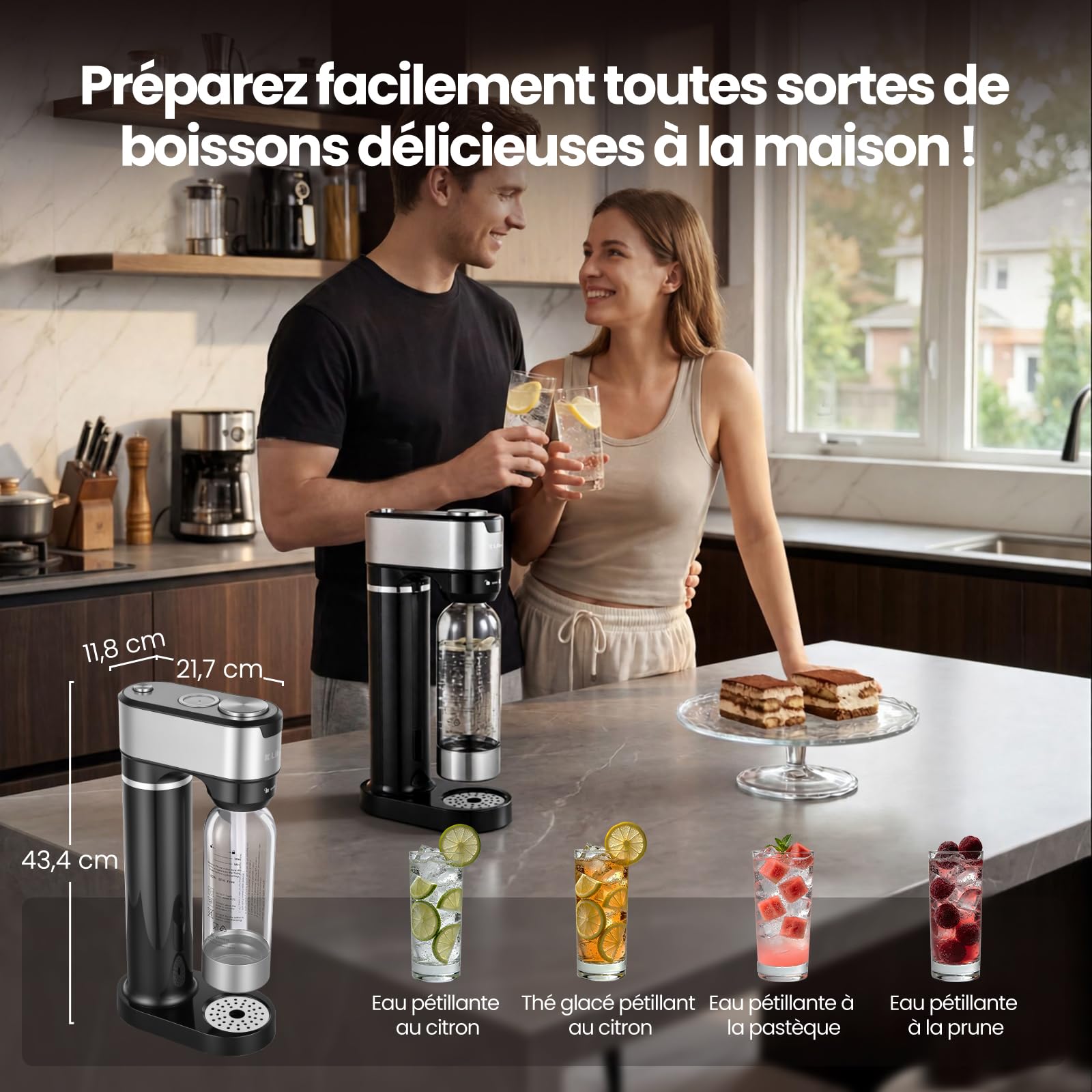 LLIVEKIT Machine à Eau Pétillante avec 4 Niveaux de Bulles, Machine à Soda avec Manomètre Visuel, 2 Bouteilles PET de 0,5 L et 1 L, Soupape de Sécurité, pour Boissons Gazeuses Domestiques, Noir