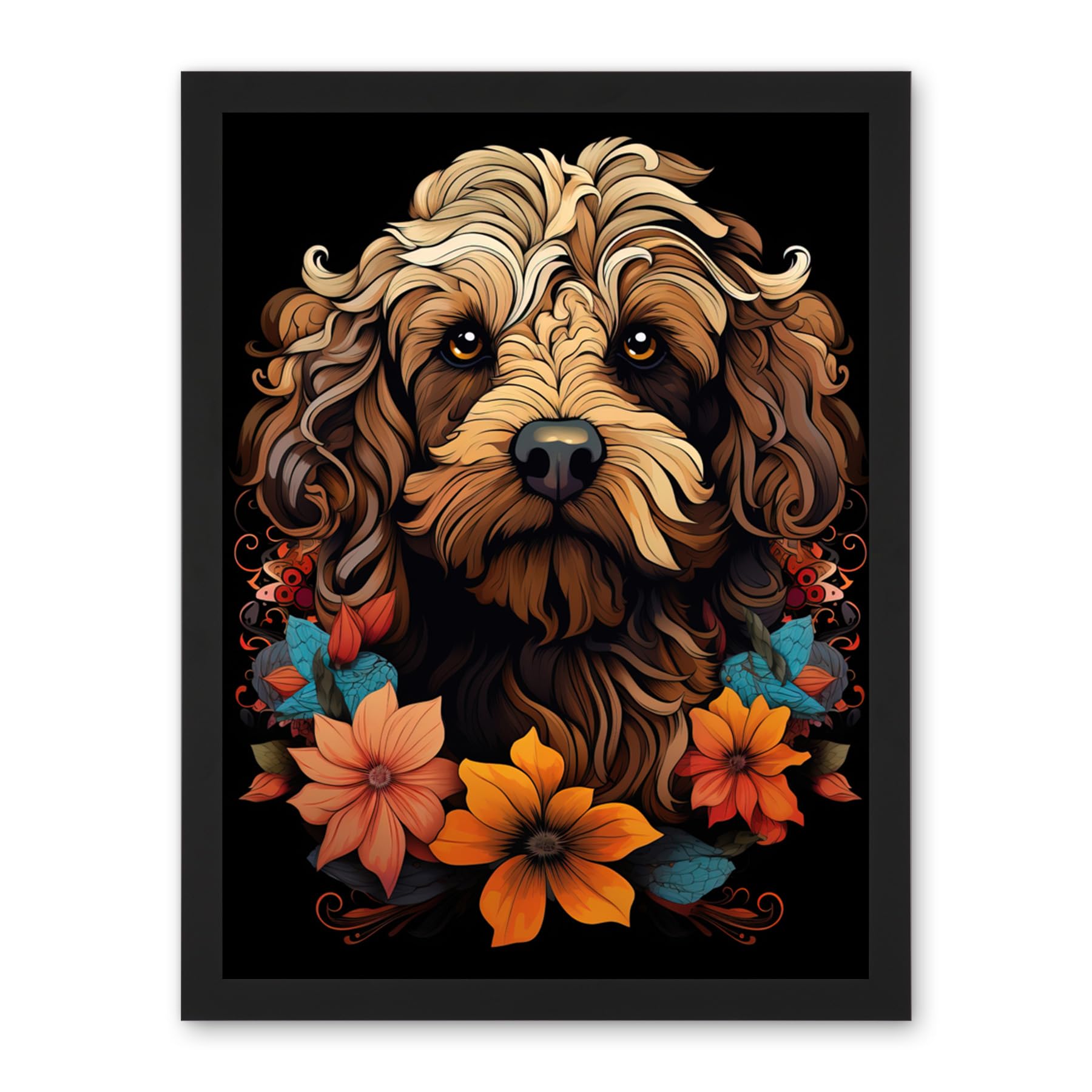Artery8 Cockapoo Dog with Flowers Artwork Orange Brown Blue Floral Art Nouveau Portrait on Black Artwork Framed Wall Art Print 18X24 Inch