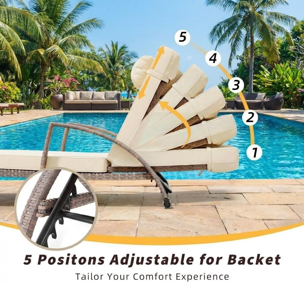 GarveeLife Outdoor Wicker Chaise Lounge Chair with Cushion, Metal Frame Patio Reclining Lounge Bed, All-Weather Rattan Sun Lounger for Poolside, Garden, Backyard & Balcon,Brown Wicker, Beige Cushion