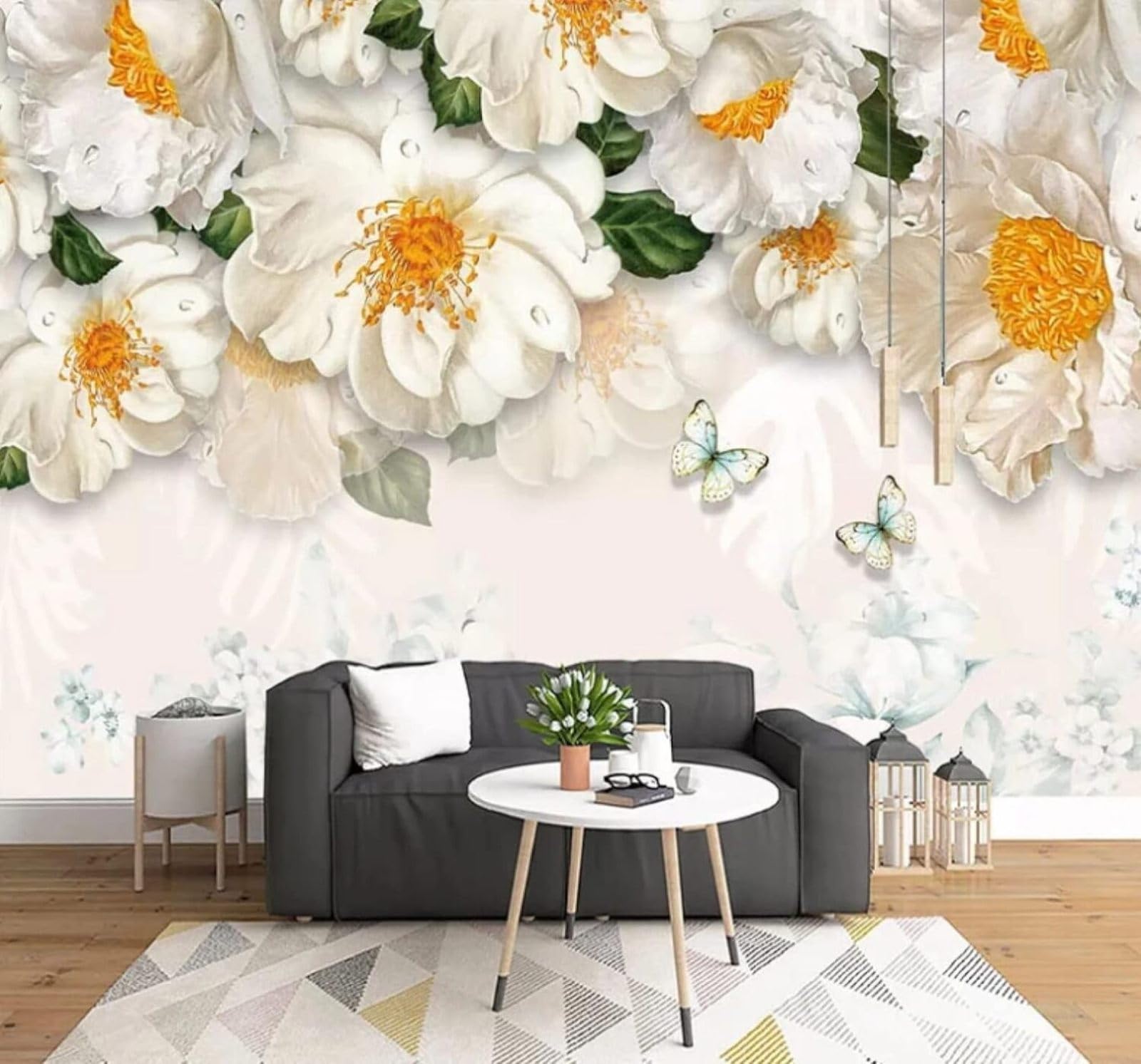 XLMING Minimalist Exquisite Yellow Flowers Butterflies 3D Wallpaper Luxury Silk Study Dining Feature Sofa Grey Bedroom Living Room Tv Decorative Wall-250cm×170cm