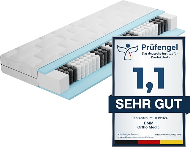 BMM Ortho Medic materac 120 x 200 cm, materac ze sprężynami kieszeniowymi, stopień twardości H2/certyfikat Öko-Tex, ortopedyczny, 7-strefowy, wysokość 21 cm, materac wyprodukowany w Niemczech