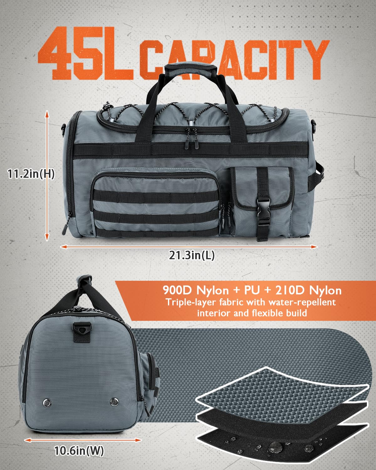 Gonex Bolsa de deporte y bolsa de viaje para hombre de 45 l, 3 en 1, portátil, con compartimento para zapatos, para gimnasio, entrenamiento y viajes (gris)