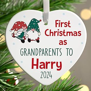 Personalised 1st First Christmas as Grandparents Decoration, Gnome Gonk 1st Xmas Grandma Nanna Nan, Ceramic New Baby Tree Decoration, With Gift Box
