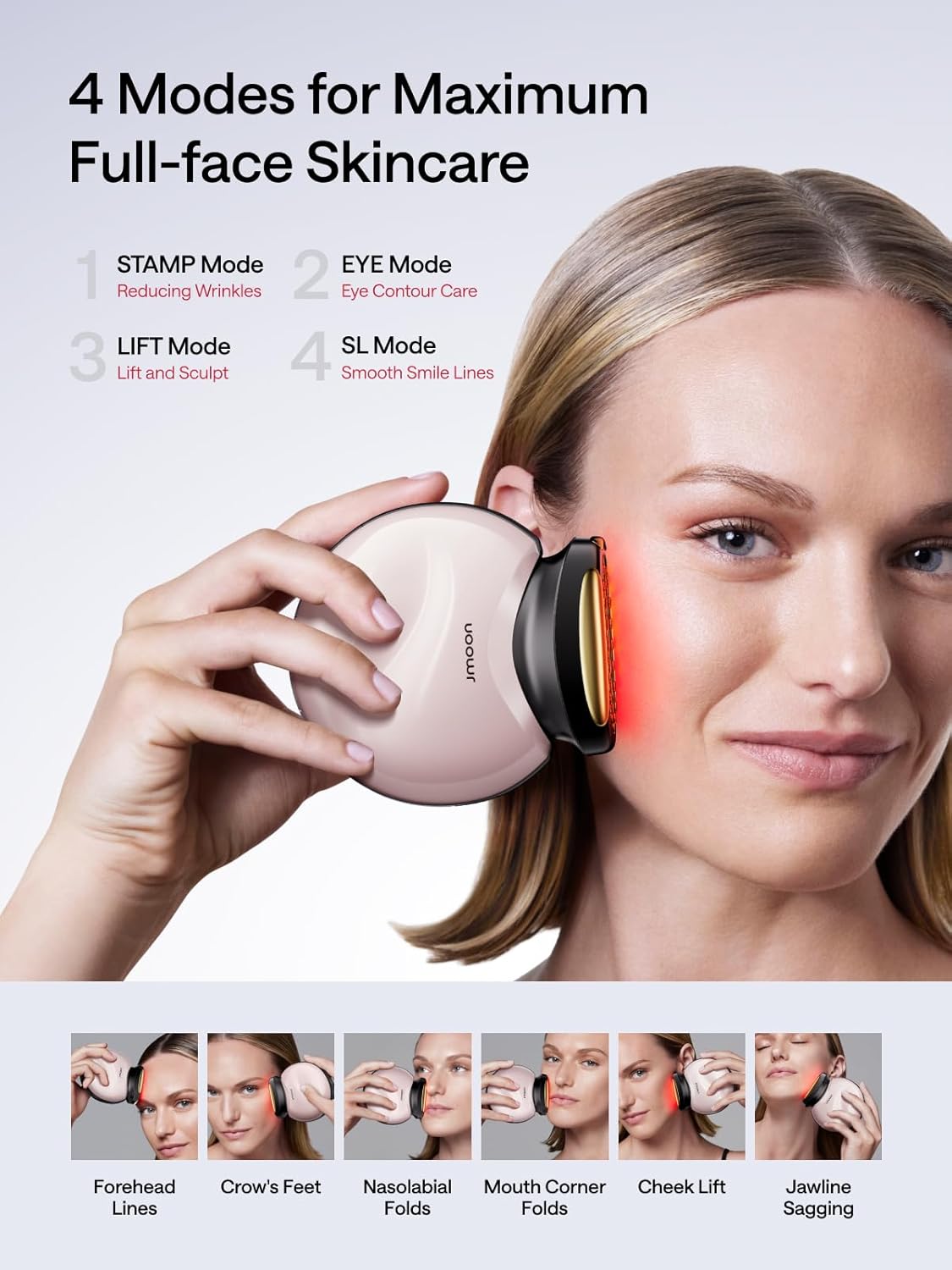 JMOON Microcurrent Facial Device, M30U Red Light Therapy for Face, Safe Anti Aging Skin Care, 4 Modes, 5 Energy Levels for Full Face Lift and Ideal for Smile Lines, Eyes, and Forehead (Pink) - Image 4