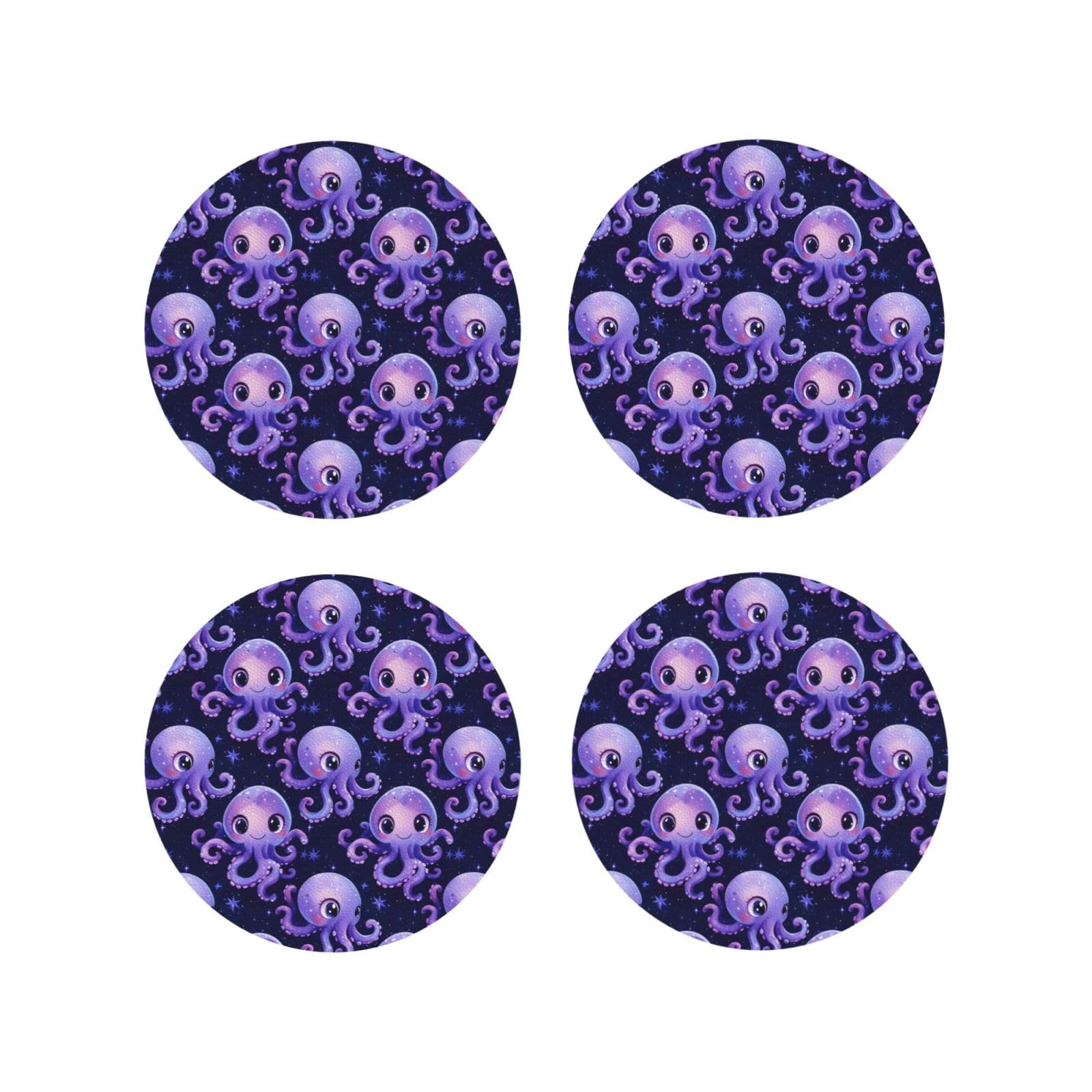 Smazdfxx Women's As Pic Leather Coasters Set Of 4 - Cartoon Purple Octopus 1 Print Lightweight Drink Coasters For Desk